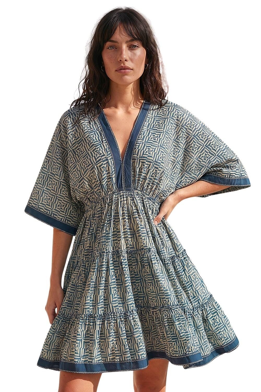 Roman Originals Women's Navy Geometric Contrast Tiered Dress For Uk - Everyday Holiday Spring Summer V-Neckline Comfy Soft Evening Vacation Work Party - Size 10