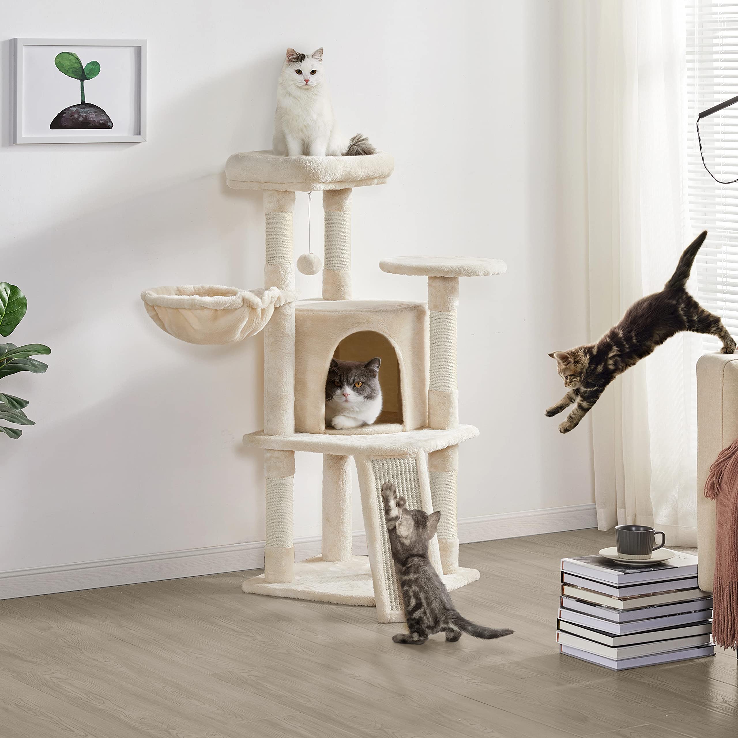 Abician Arbre à Chat Hauteur 107cm Griffoir, Tour de Jeux en Sisal pour Chatons, 3 Plateformes/Panier/Cachette, Multiniveau, Design, Beige