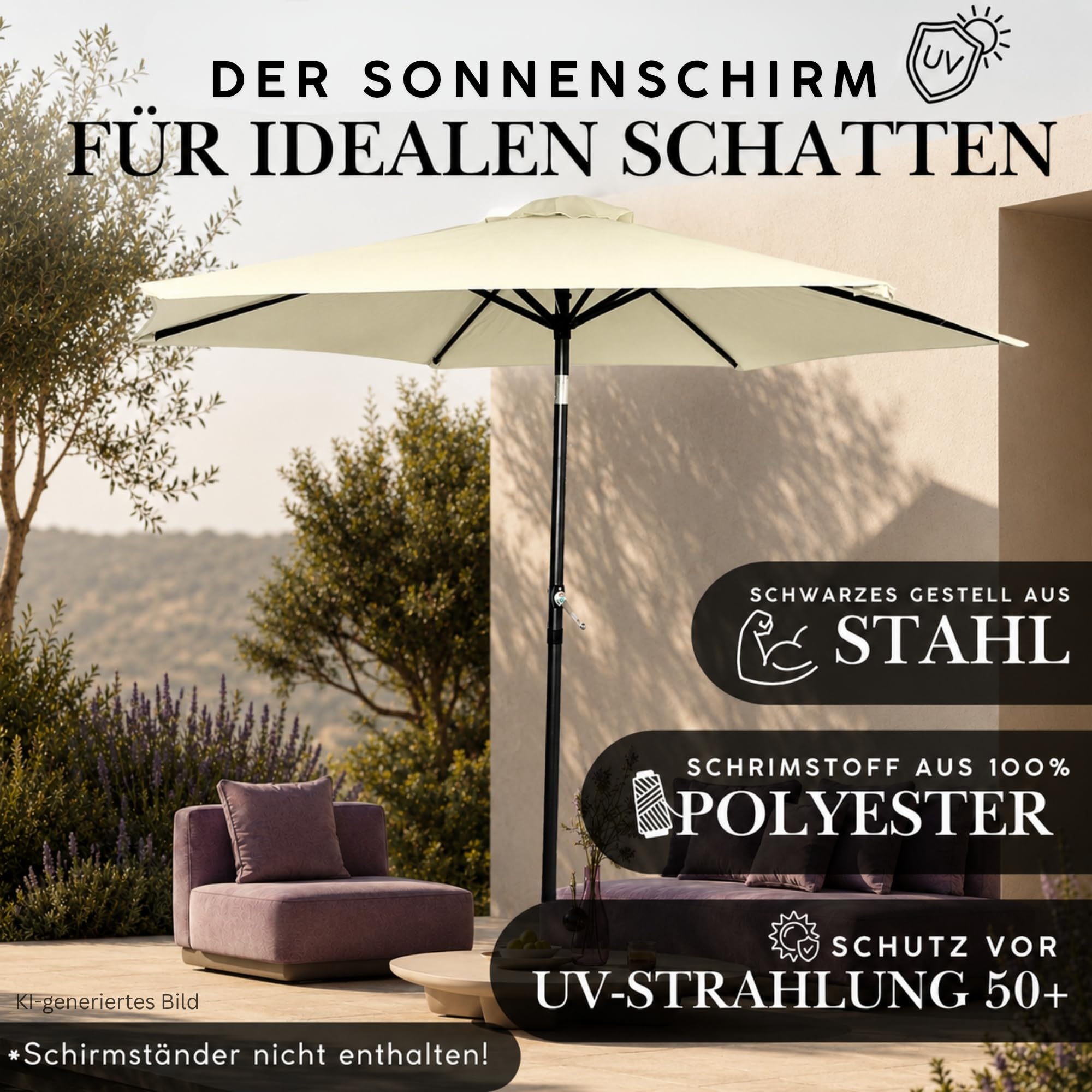 Ondis24 Strandschirm 1,8 Meter Sonnenschutz Sonnenschirm 180 cm rund mit Kurbel, Knick-Gelenk, UV 50, 38mm Standrohr (beige)