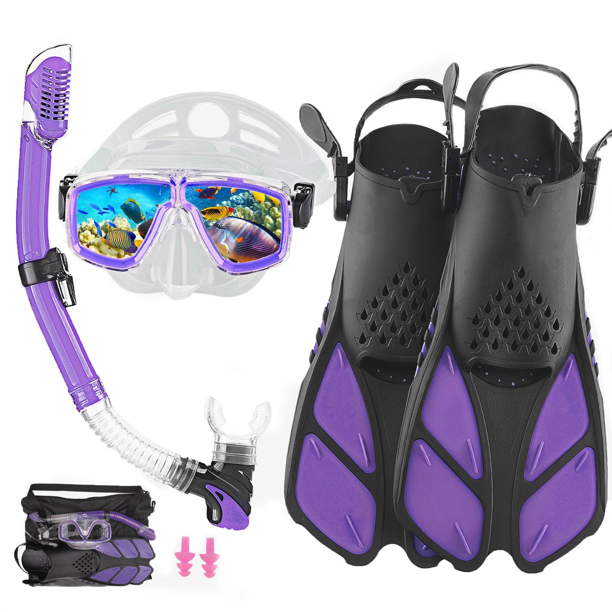 DiVLMT Snorkeling Gear for Adults with Fins Scuba Diving Gear Adult Professional Travel Snorkel Sets with Flippers,Anti-Fog Anti-Leak Diving Mask