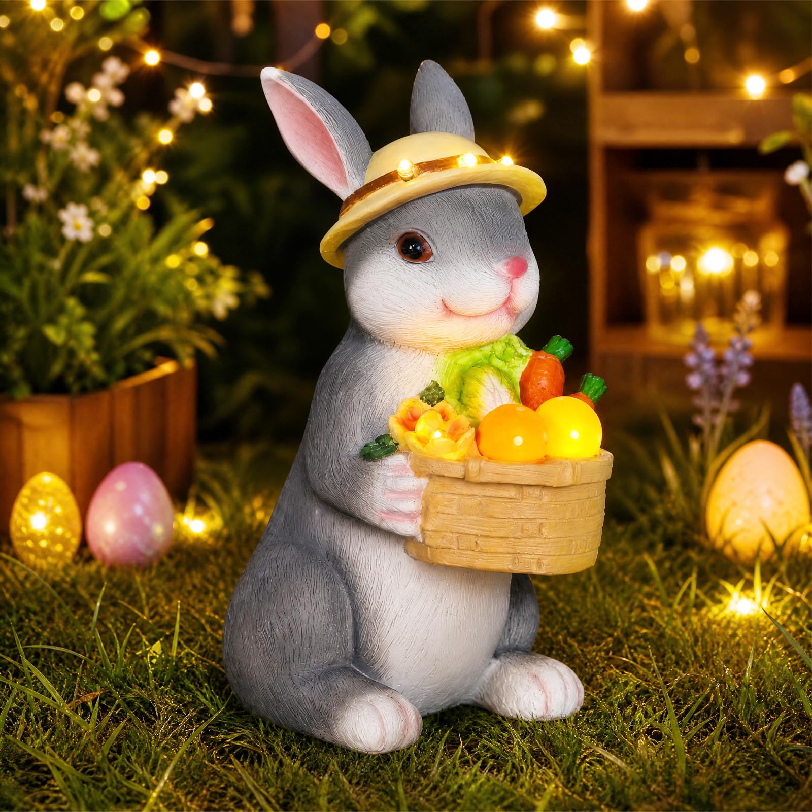 OUTONLIFE Solar Rabbit Garden Statue with LED Lights, Outdoor Bunny Figurine Decor, Waterproof Resin Solar Garden Lights for Patio Yard, Easter Spring Decorations, Garden Gifts for Mom Grandma Women
