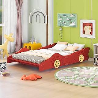 87.4"L Adorable Full Size Platform Bed with Race Car-shaped Design, Durable Full Bed Frame with Reinforced Slats, Sleek Daybed with Pine Wood Frame & No Spring Box Needed for Bedroom Apartment, Red