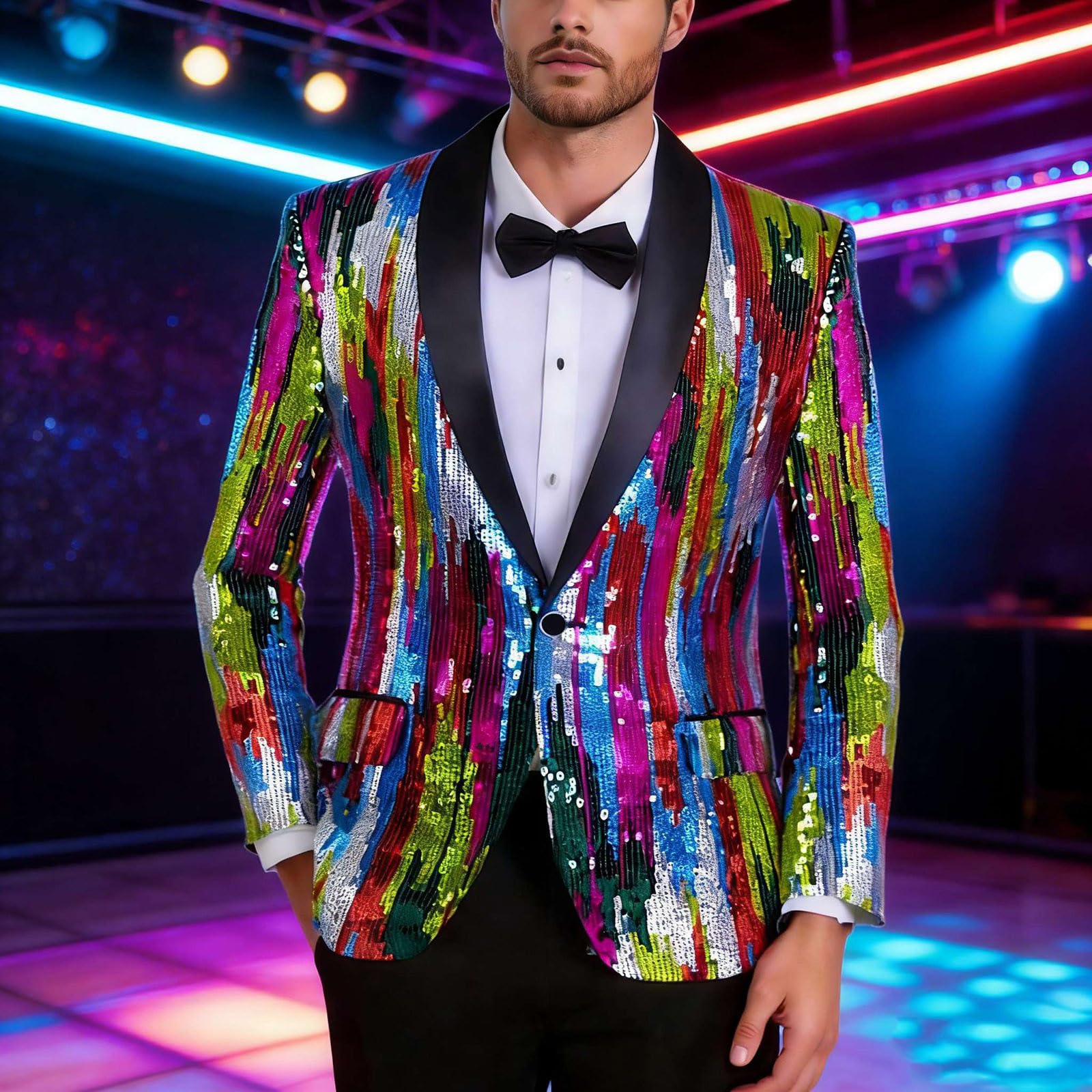Kostüm Karneval Herren Fasching Blazer Slim Fit Pailletten Faschingskostüme Cardigan Offener Glitzerjackett Mit Knöpfte Langarm Revers Anzugjacke Sportlich Festliches Faschingsjacke