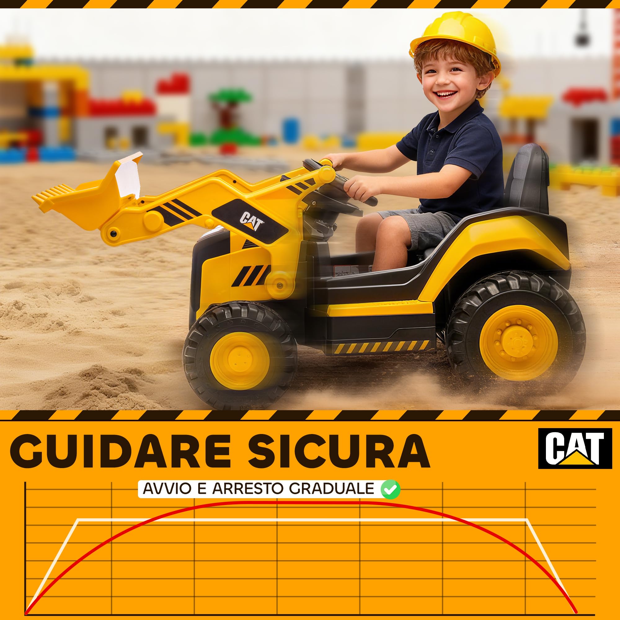 AIYAPLAY Ruspa Elettrica per Bambini 3-6Anni Licenza CAT con Benna Giallo | Macchina Elettrica Escavatore Trattore Giocattolo Cavalcabile, 12V 7AH, 2 Motori, Telecomando, Musica, Bluetooth e USB