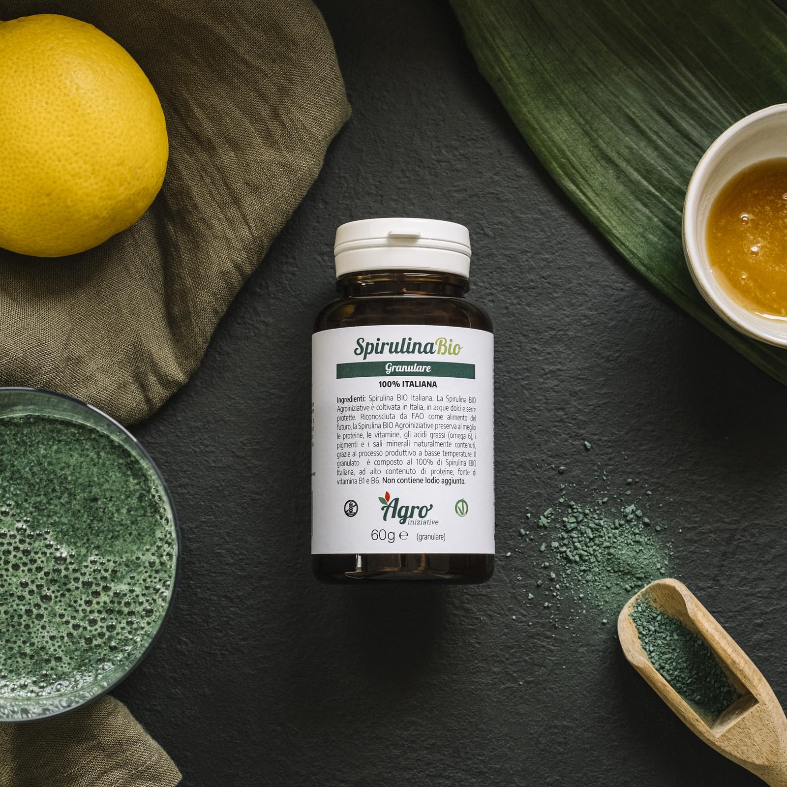 AGROINIZIATIVE - Spirulina Biologica Granulare Naturale Made in Italy, Superfood Ricco di Proteine Ferro e Vitamine, Integratore Vegano Energia, Detox e Benessere