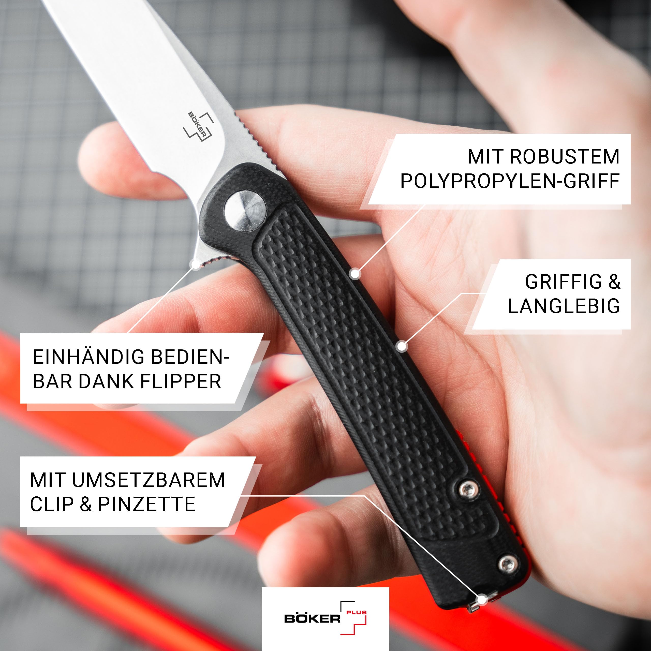 BÖKER PLUS Fire Ant Black - Premium Flipper Taschenmesser mit Detent Ball - leichtes Klappmesser 42a konform - EDC Messer mit Clip & Pinzette - Droppoint Faltmesser