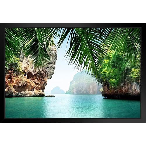 Poster Foundry Phuket Thailand Tropical Sea Rock Island Formations Green Water Palm Trees Nature Landscape Photo Matted Framed Art Wall Decor 26x20