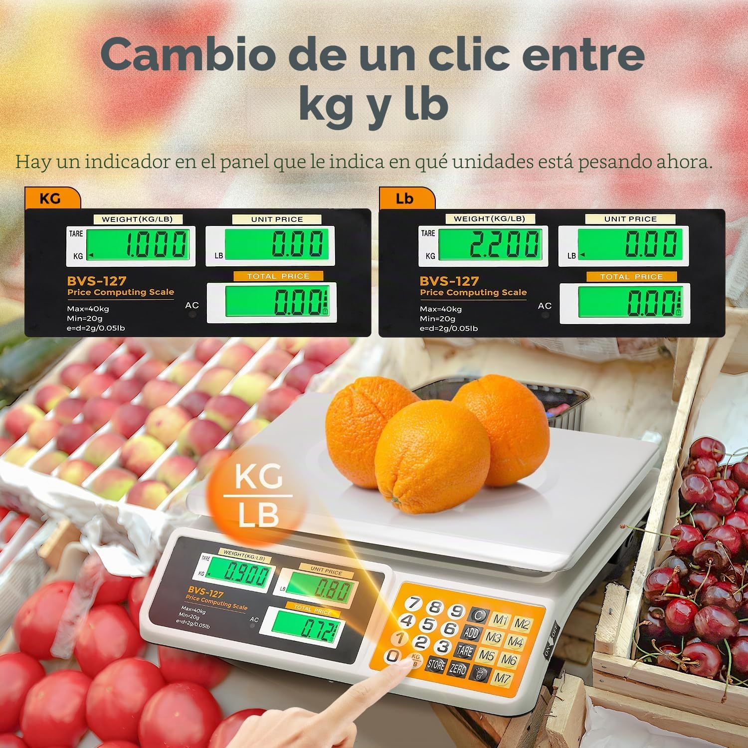 Bonvoisin Báscula de Cocina Comercial 40kg/2g, Báscula Digital con Contaje y 7 Memorias PLU, Doble Pantalla LCD, Tara, Recargable, Plataforma Acero Inoxidable, Uso Profesional en Panadería y Comercio