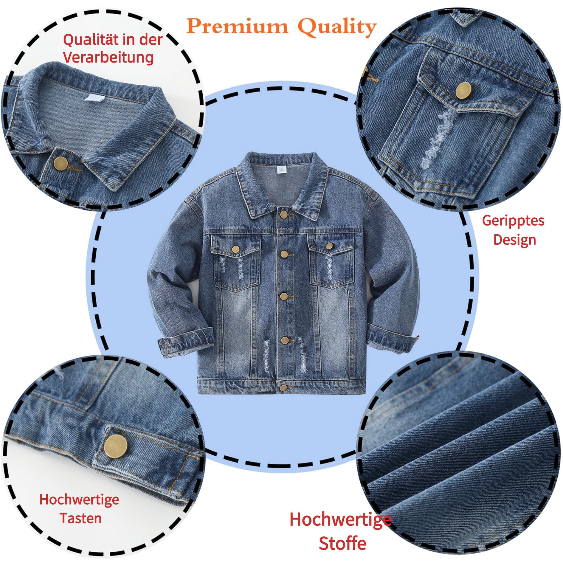 YJBQ Giacca jeans e giaccone denim per ragazzi e ragazze, completati da top trendy. Abbigliamento strappato blu per teenager 5-14 anni.