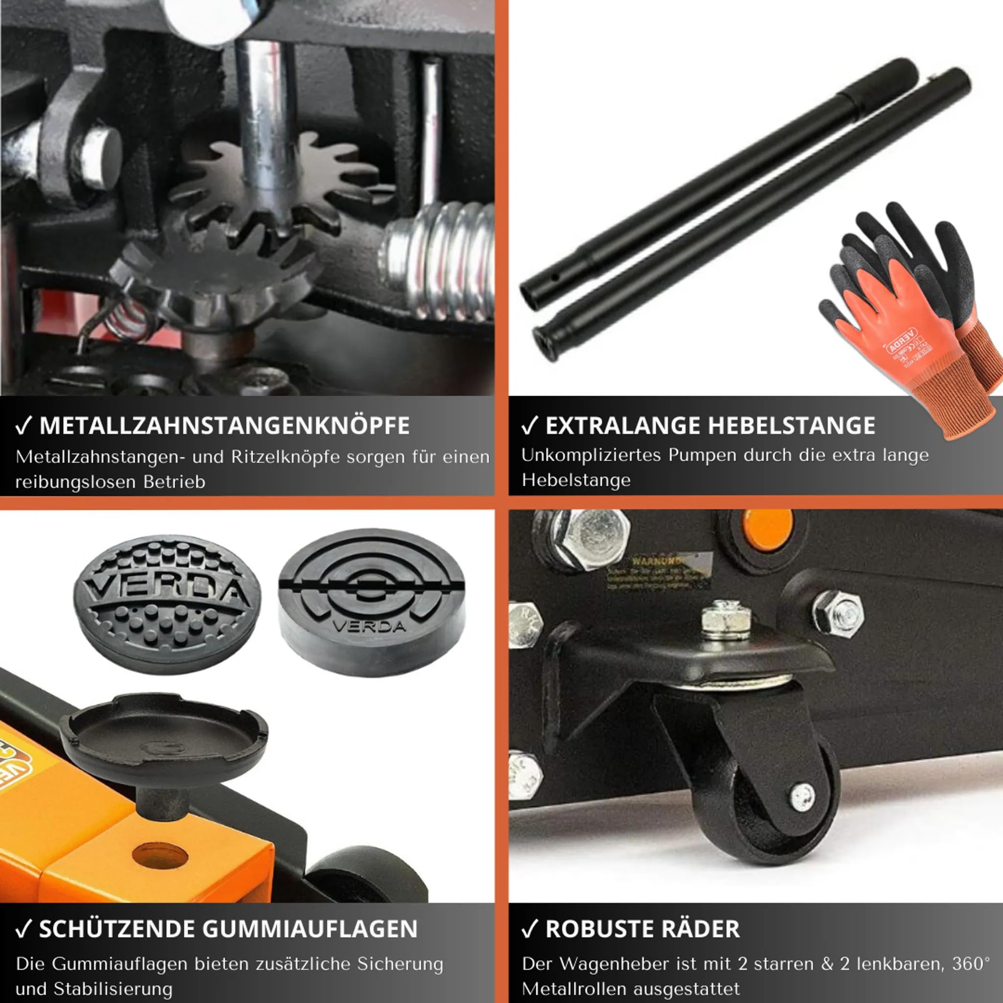 Verda Wagenheber hydraulisch 3T (130-490) 2X Gummi Rangierwagenheber, PKW, Profi, Tief, Doppelpumpsystem Doppelkolben, Heber, Ständer, Flache, Werkstatt, Wohnmobil, Geländewagen Montagehandschuhe