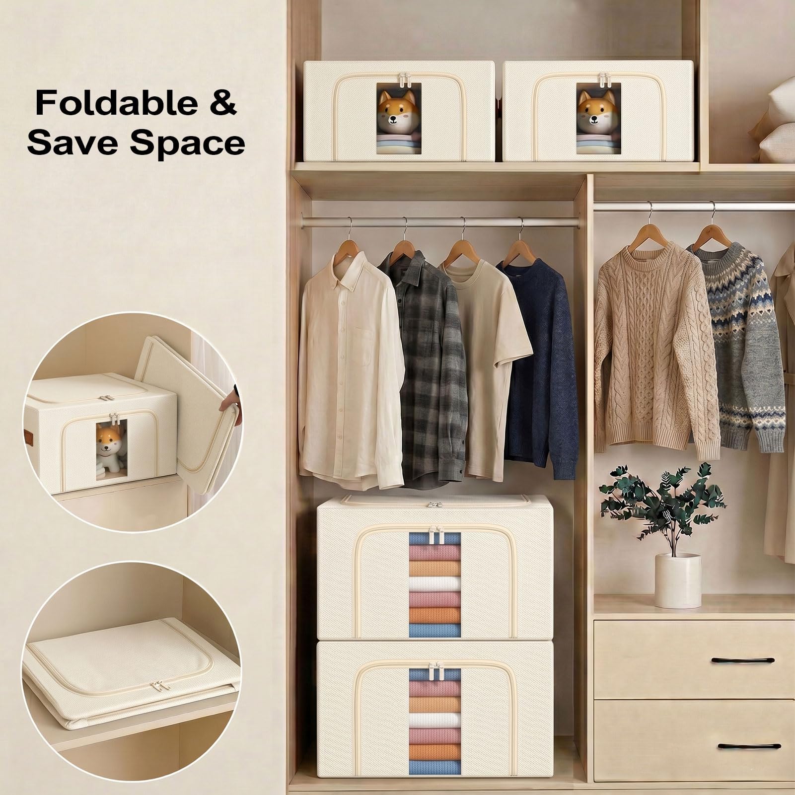 Borsa portaoggetti pieghevole in metallo: contenitore impilabile con coperchio per il guardaroba, organizer per biancheria da letto (beige 3 x 100 L)