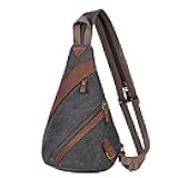Canvas Sling Bag for Men Women, Genuine Leather Design Shoulder Crossbody Bags Backpacks Travel Daypack with Earphone Hole Rucksack, Black