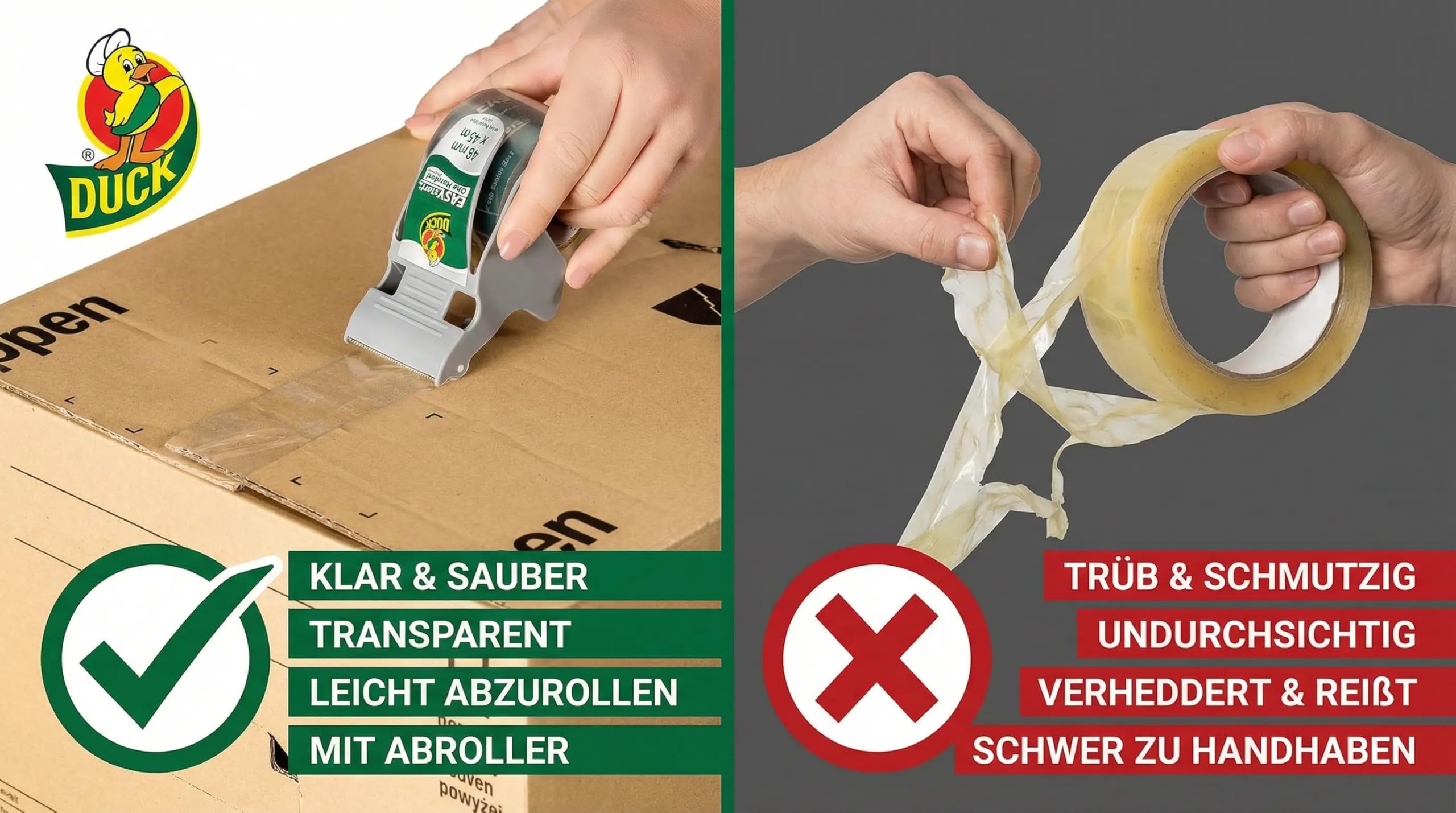 DUCK Easy Start taśma do pakowania – przezroczysta taśma klejąca do starannego, szybkiego pakowania jedną ręką – również do ciężkich kartonów – 48 mm x 45 m