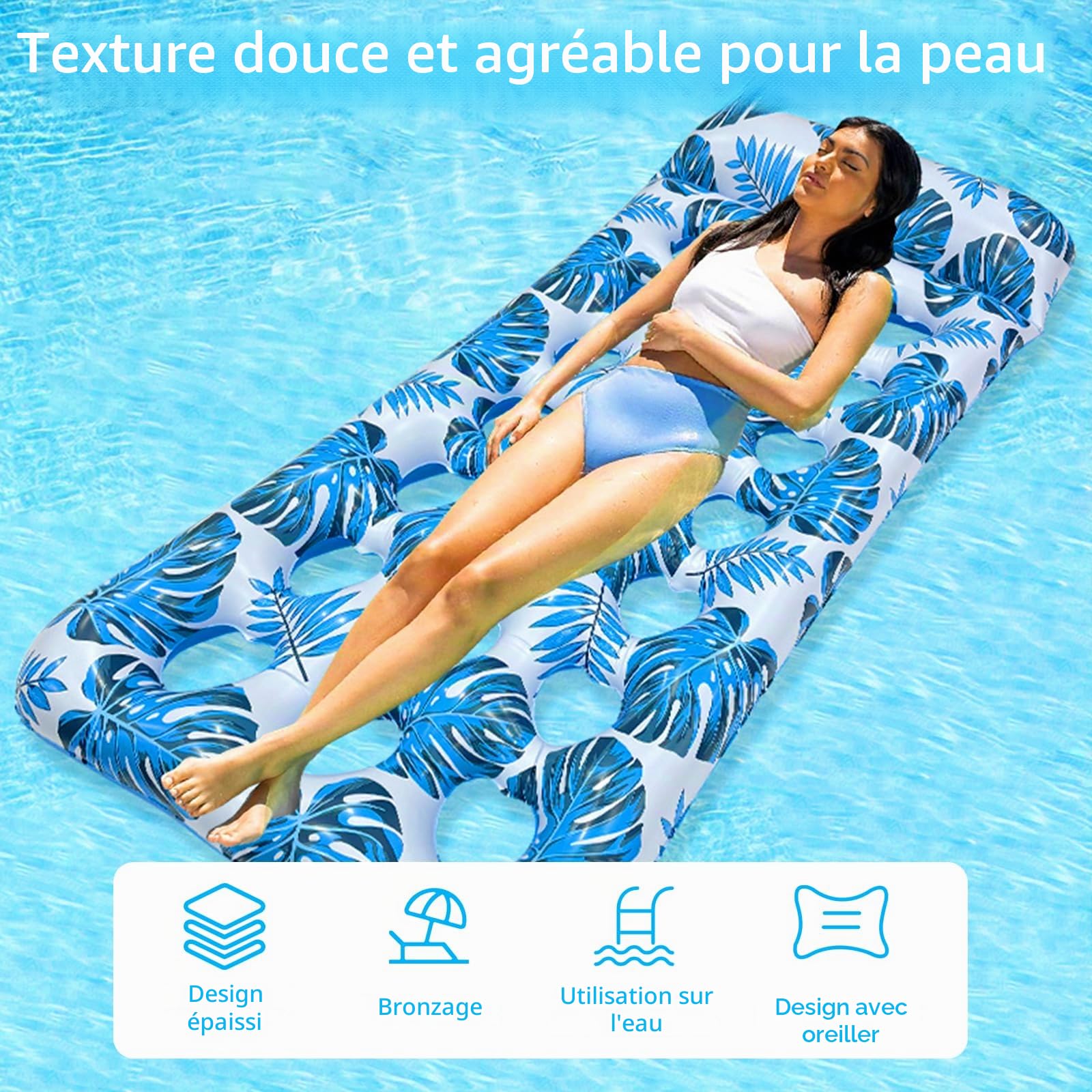 Xiujuers Bouée Piscine Gonflable 4 En 1 – Matelas Hamac Flottant XL Avec Appui-tête Et Porte-gobelets – Idéal Plage， Lac Ou Piscine Pour Adultes