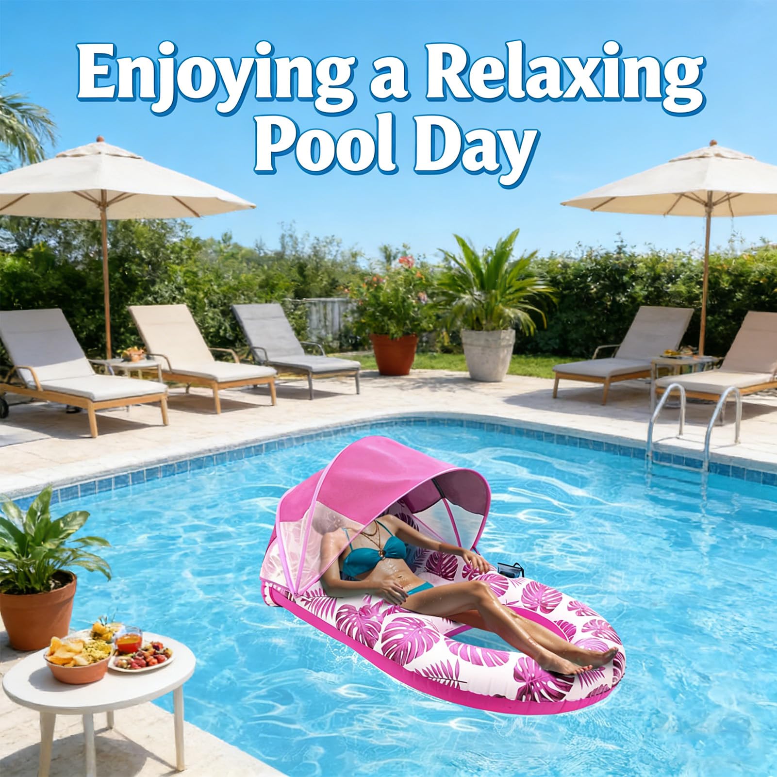 Flotador de Piscina con Toldo, Colchoneta Piscina Adultos con portavasos y Respaldo, Hamaca Flotante para Fiestas de Verano en la Piscina o la Playa,Azul