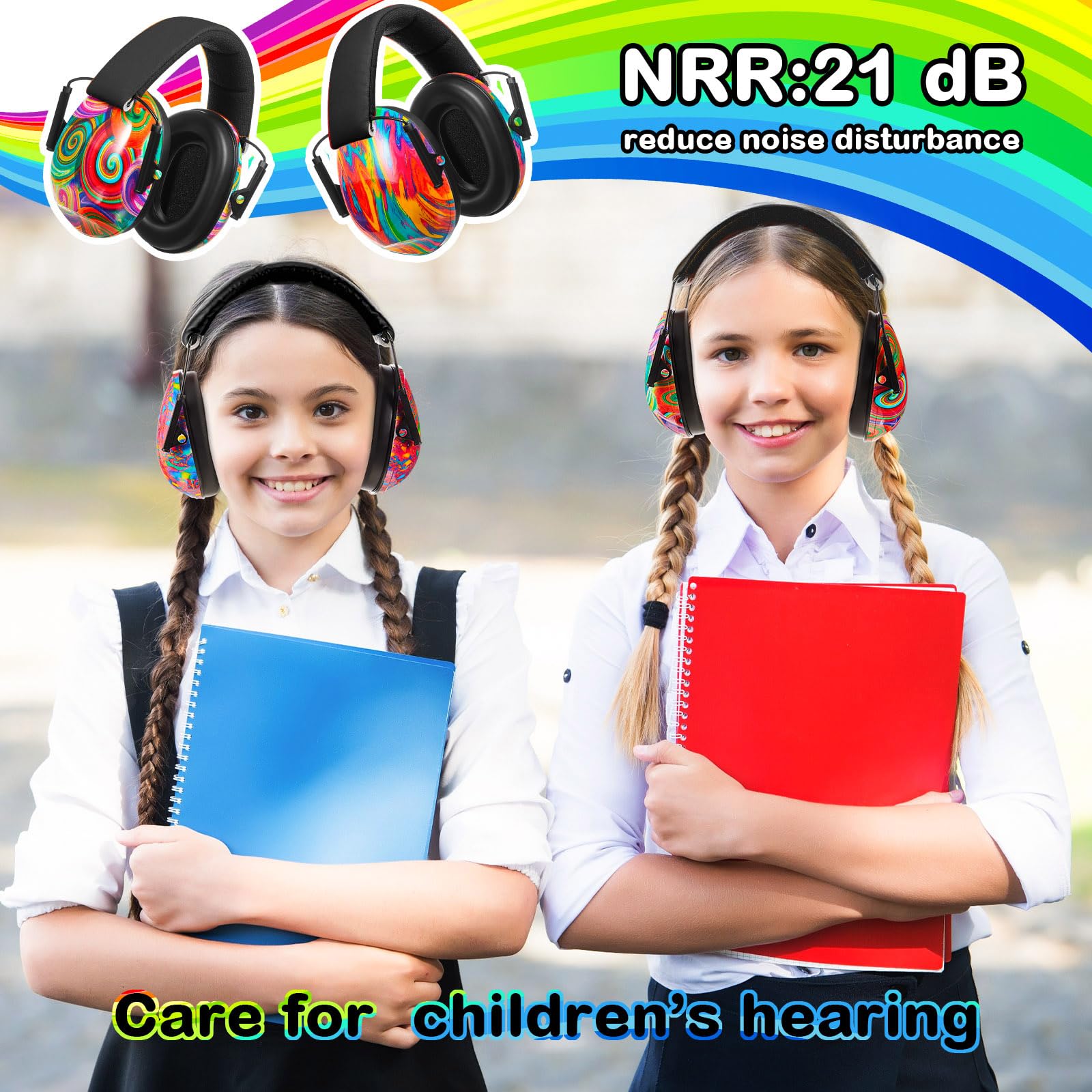 Amylove Kinder-Ohrenschützer, Geräuschunterdrückung, verstellbare Ohrenschützer (helle Farben, Batikfärbung), 6 Stück, Leuchtende Farben, Tie Dye