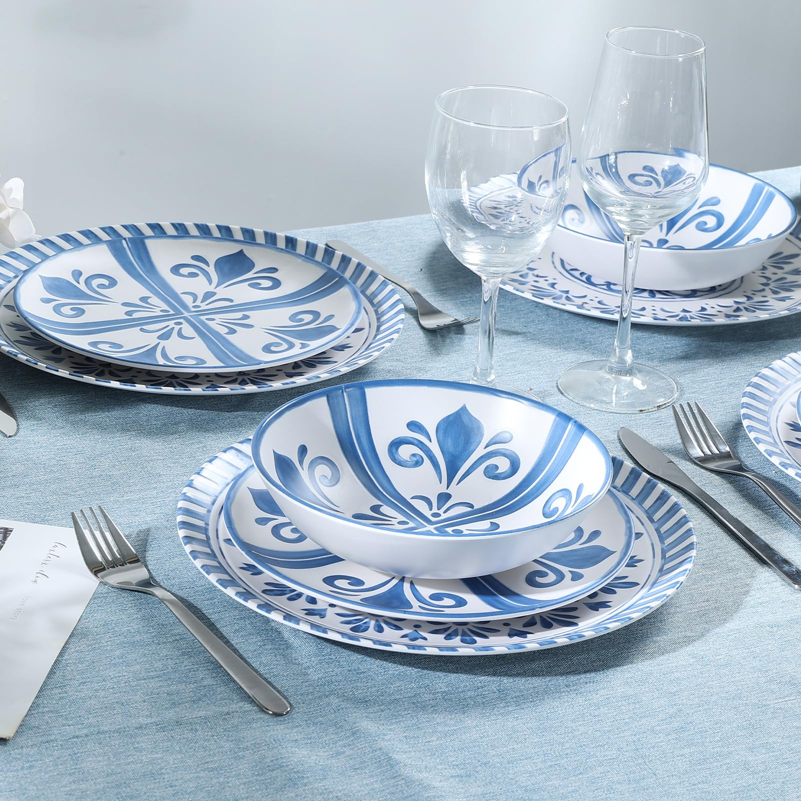 Yinshine Melamine Dinnerware Sets for 4, 12-Piece Plates and Bowls Sets,Blue Floral Embossed Design Dish Set for Indoor/Outdoor Use, Durable&Lightweight,Blue