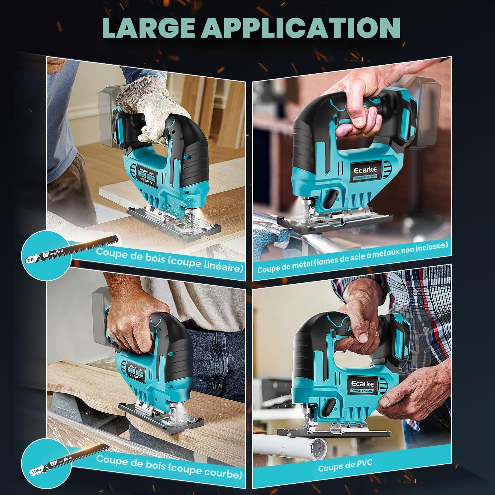 Ecarke Scie Sauteuse Sans Fil 750W Compatible avec Batteries Makita 18V, Vitesse Réglable, 6 Lames Incluses & Système de Serrage Rapide, pour Bois, Métal, Plastique(Outils Uniquement)