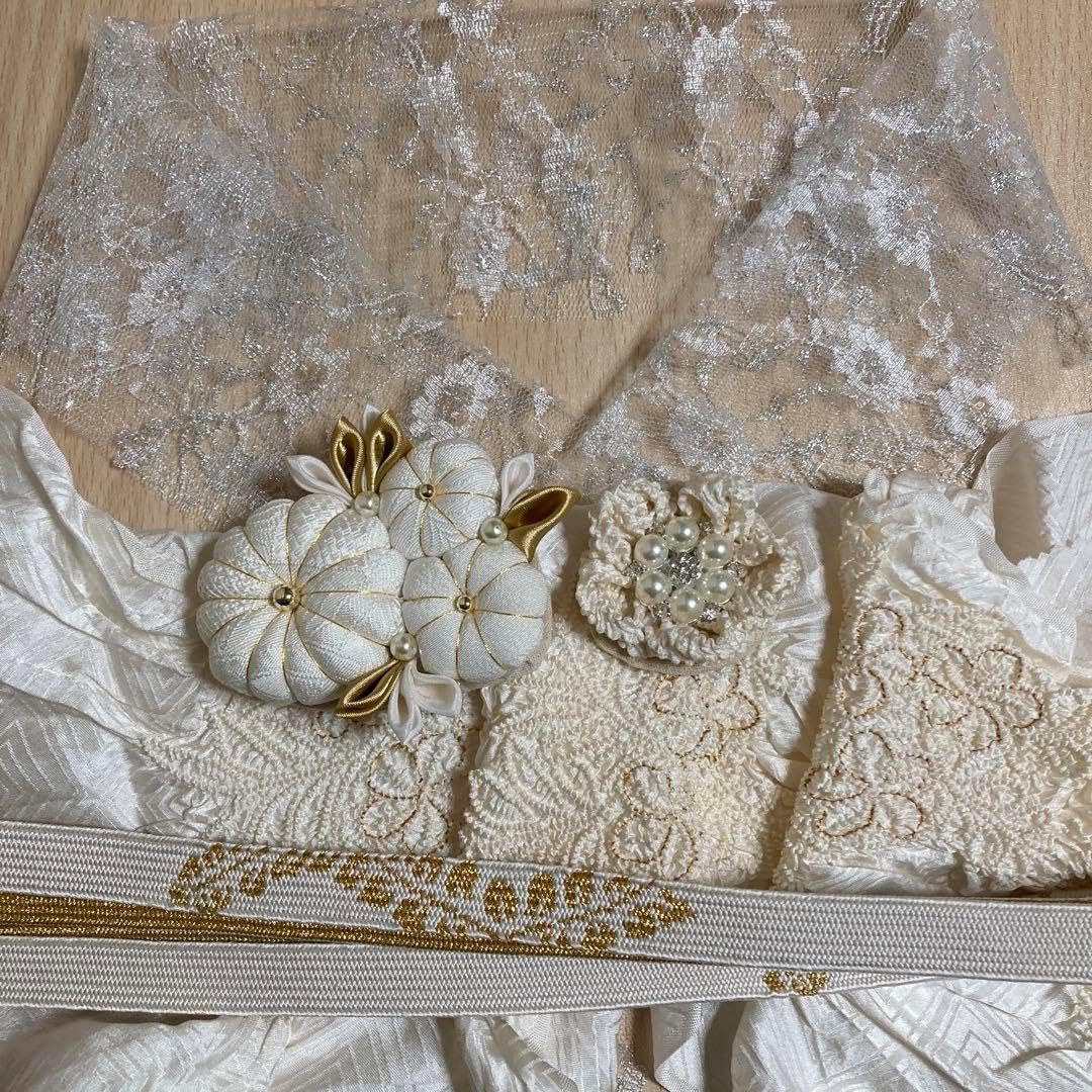 正絹帯締め　正絹帯揚げ　刺繍レース付き重ね衿　レース半衿　帯飾り2種　お飾り３点 帯揚げ生成り絞り 帯締め レース半衿 帯飾りセット／成人式 卒業式 婚礼