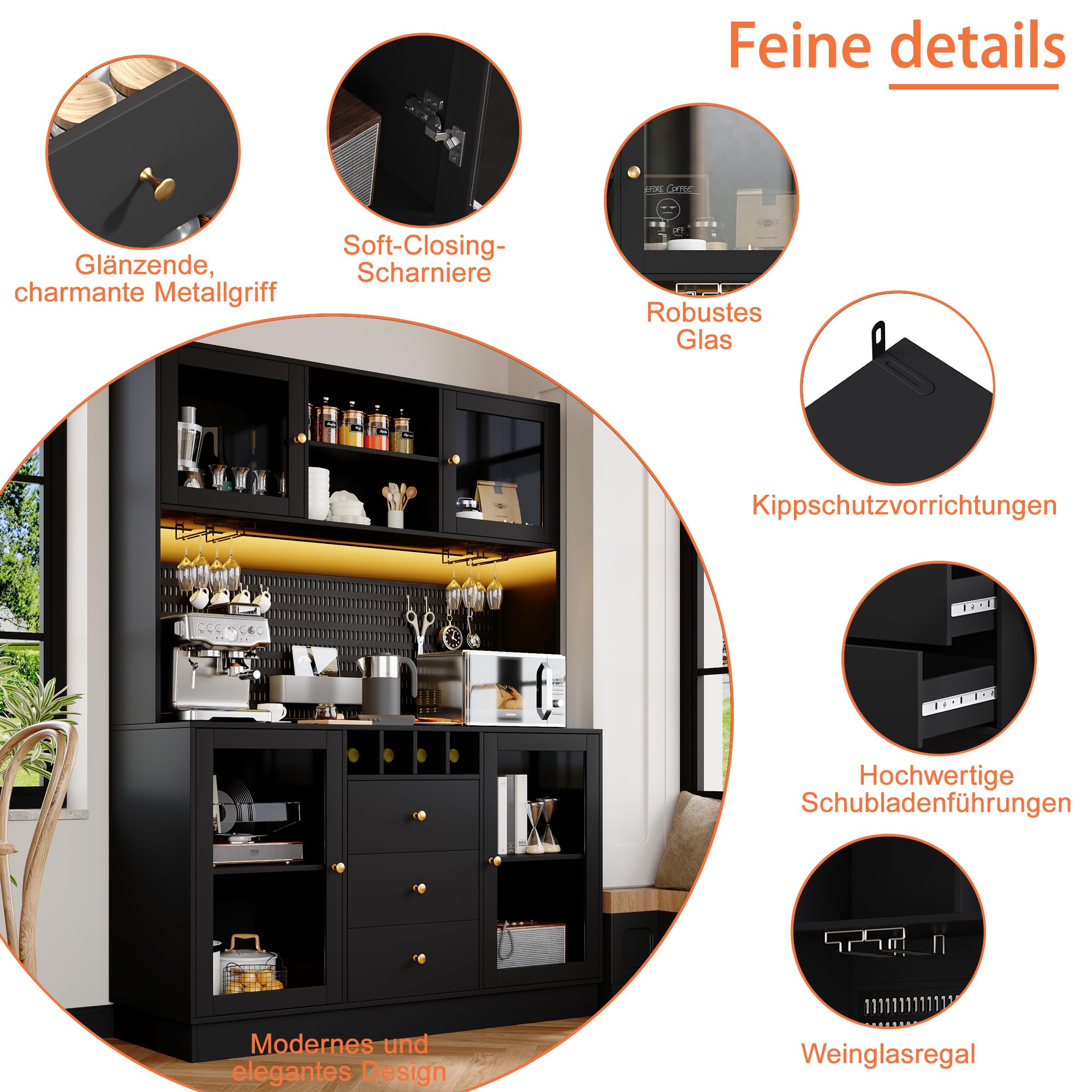 DRIXNO Hochschrank, Küchenschrank mit LED Beleuchtung, Buffetschrank mit Schubladen, Verstellbaren Ablagen, Esszimmerschrank, Seitenschrank mit Weinregal und Kippsicherung, 140x40x185.7 cm, Schwarz