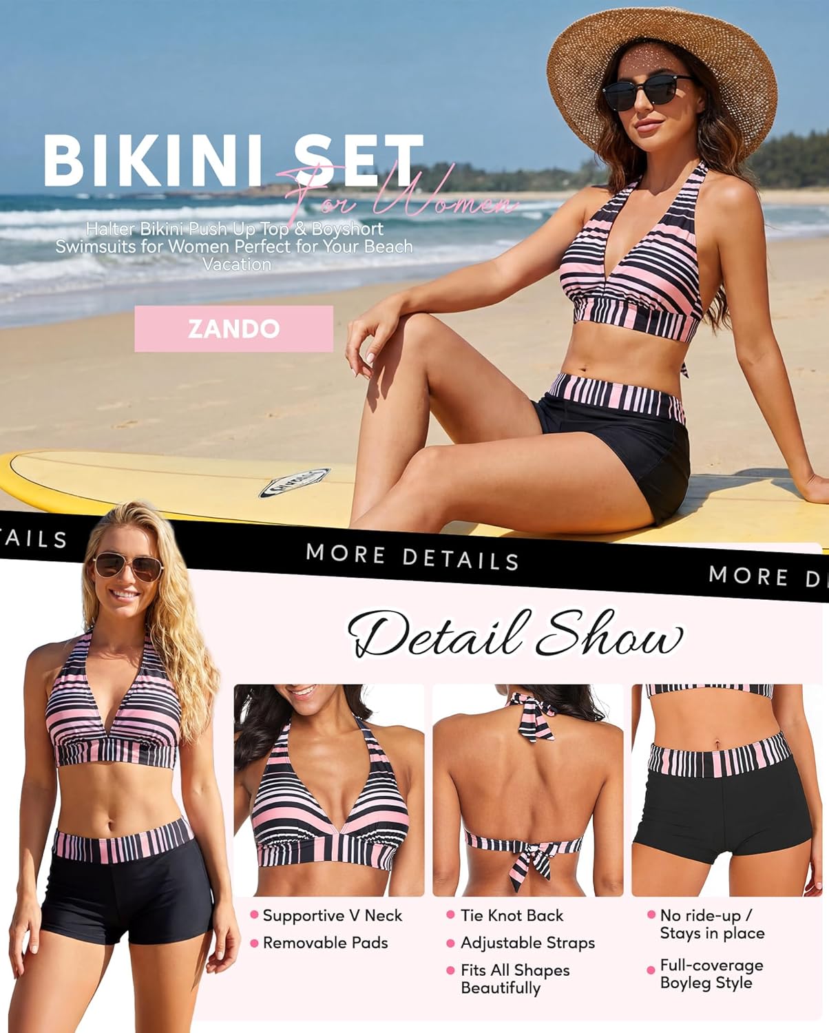 Zando Boyshort Two Piece Swimsuits for Women - Modest Sporty Full Coverage Push Up Bikini Set Halter Bathing Suit for Beach - Image 8