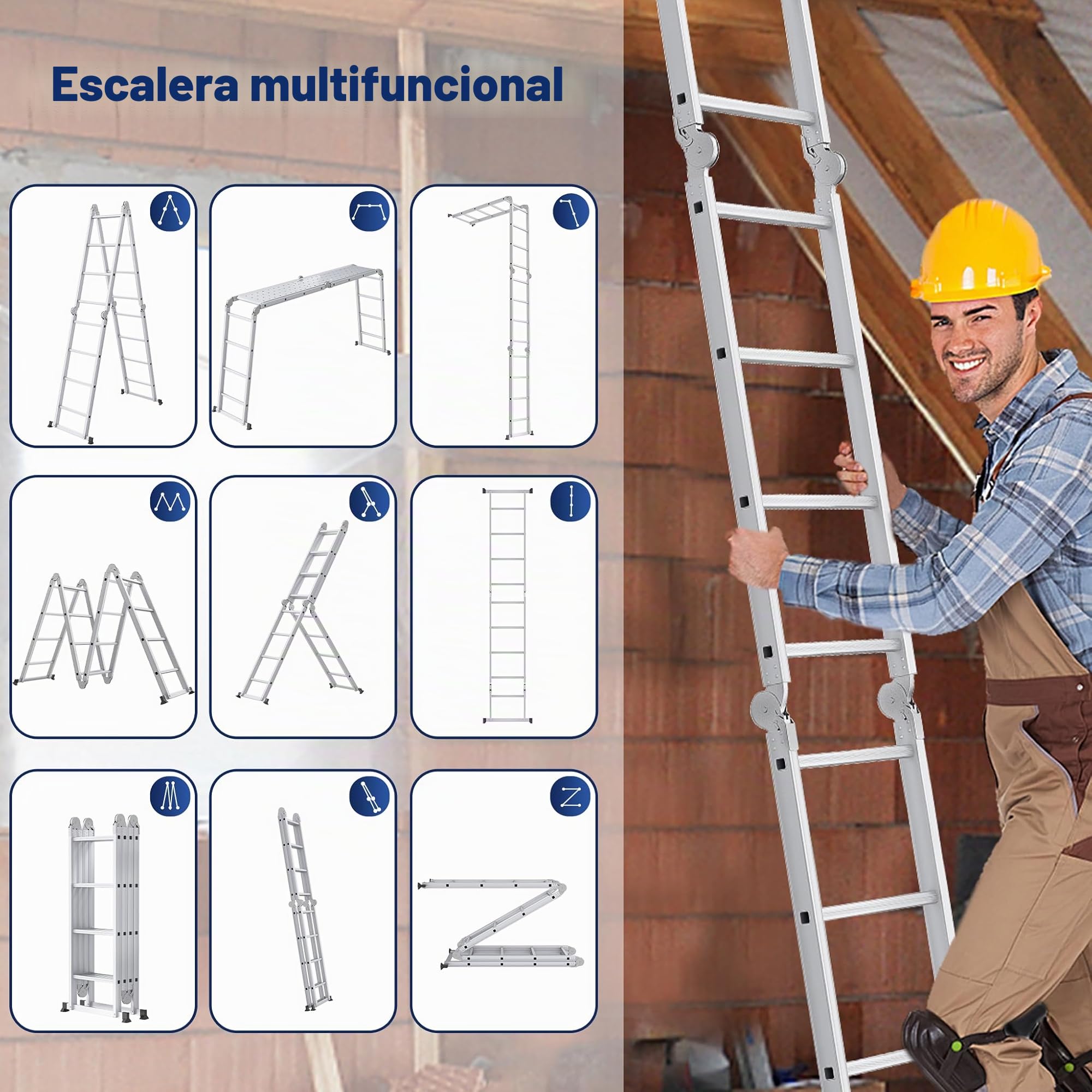 Escalera multiusos de aluminio 4x3 con plataforma 6 en 1 340 cm plegable articulada 150 kg plateado