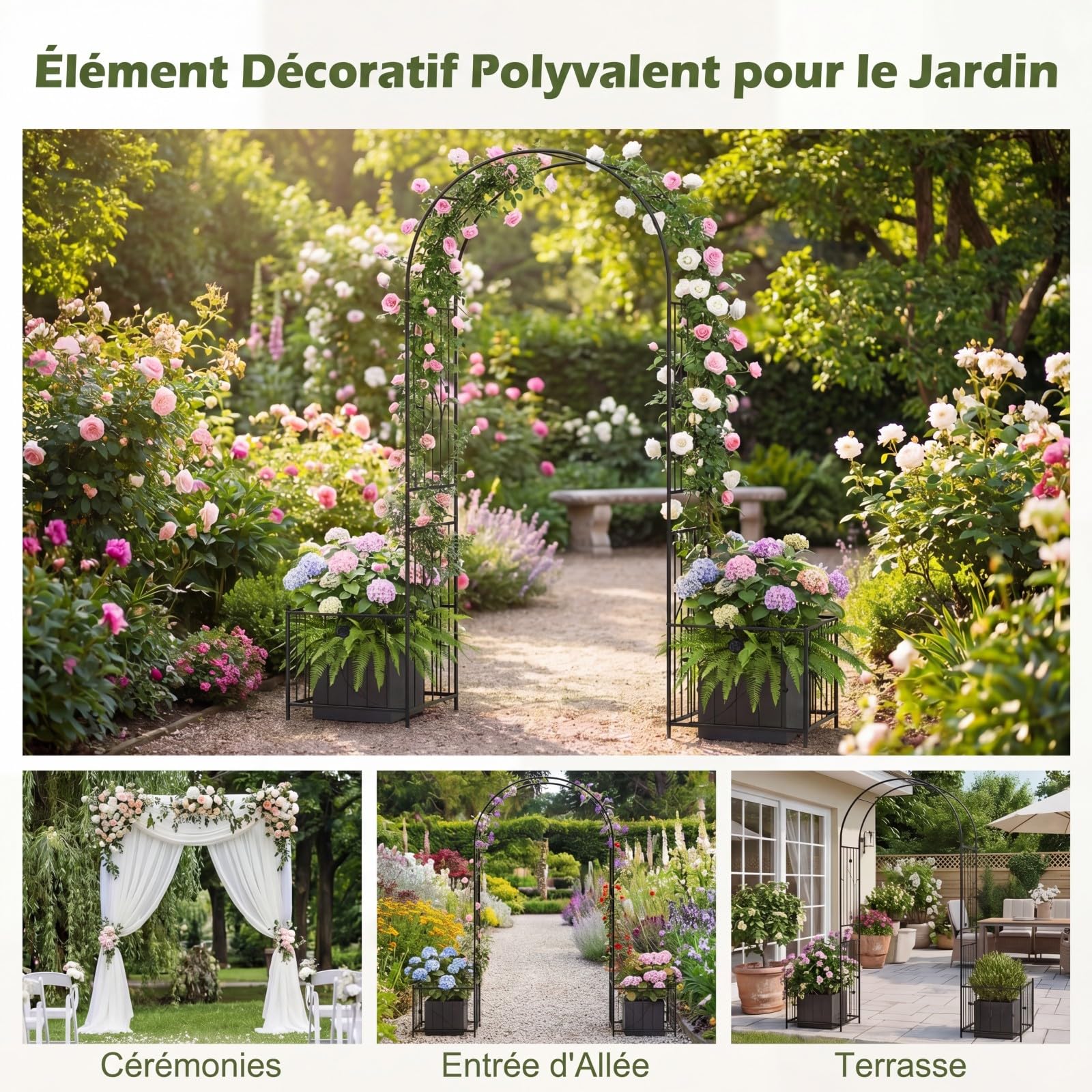 GYMAX Arche de Jardin avec 2 Jardinières, Treillis Métallique avec Pique pour Plantes Grimpantes & Rosiers, Arche de Rose avec bac à Fleurs, pour Mariage, Pelouse, Arrière-Cour