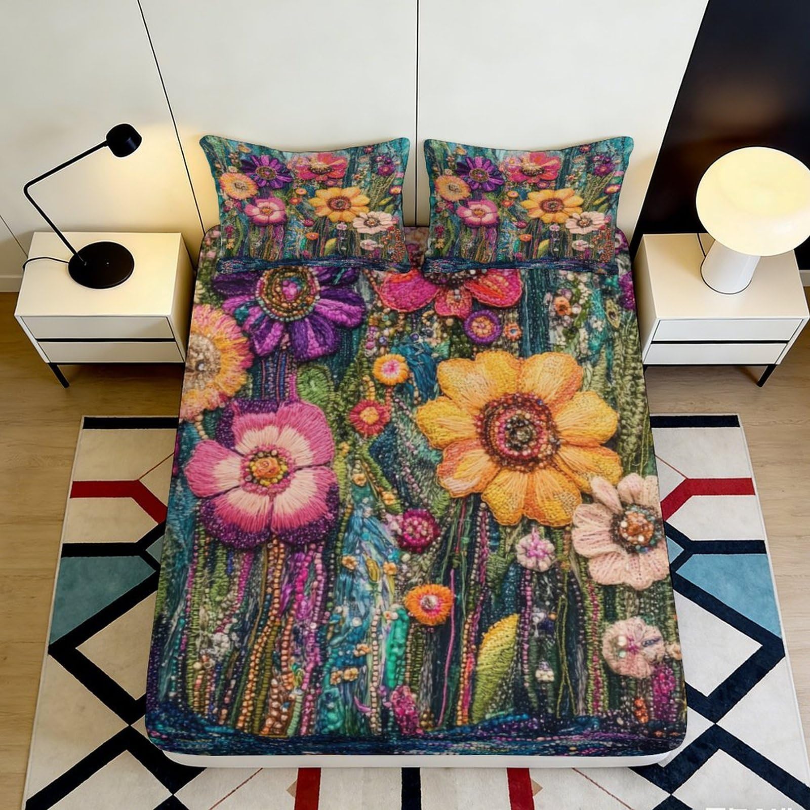 3D Printed Colorful Floral Fitted Sheet Microfiber Soft Artistic Watercolor Garden Bed Cover for Bedroom Dorm Decor 90x200x25cm
