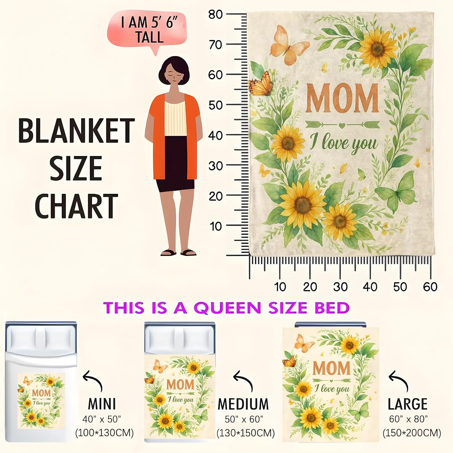 Sunflower Blanket, Soft Flannel Floral Throw Blanket, Lightweight Warm Bed Travel Camping Reunion Blankets Gifts for Women Mother’s Day Room Decor, Mom, I Love You 50"×60" - Image 3