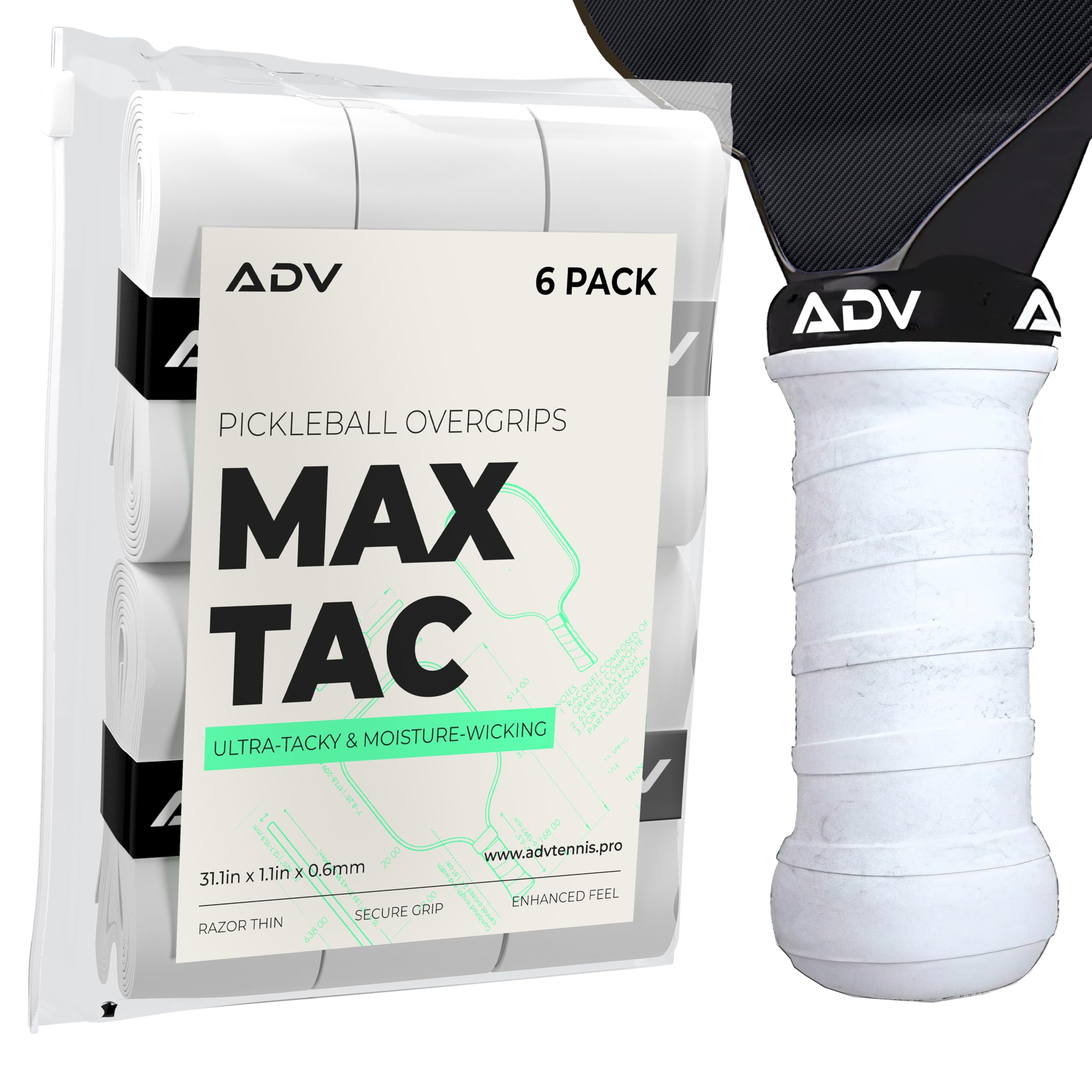 ADV MaxTac Tacky Pickleball Grip Tape - 6 & 12-Pack - Extremely Sticky Non-Slip Pickleball Overgrip - Razor-Thin & Easy to Use Pro Pickleball Paddle Grip Tape