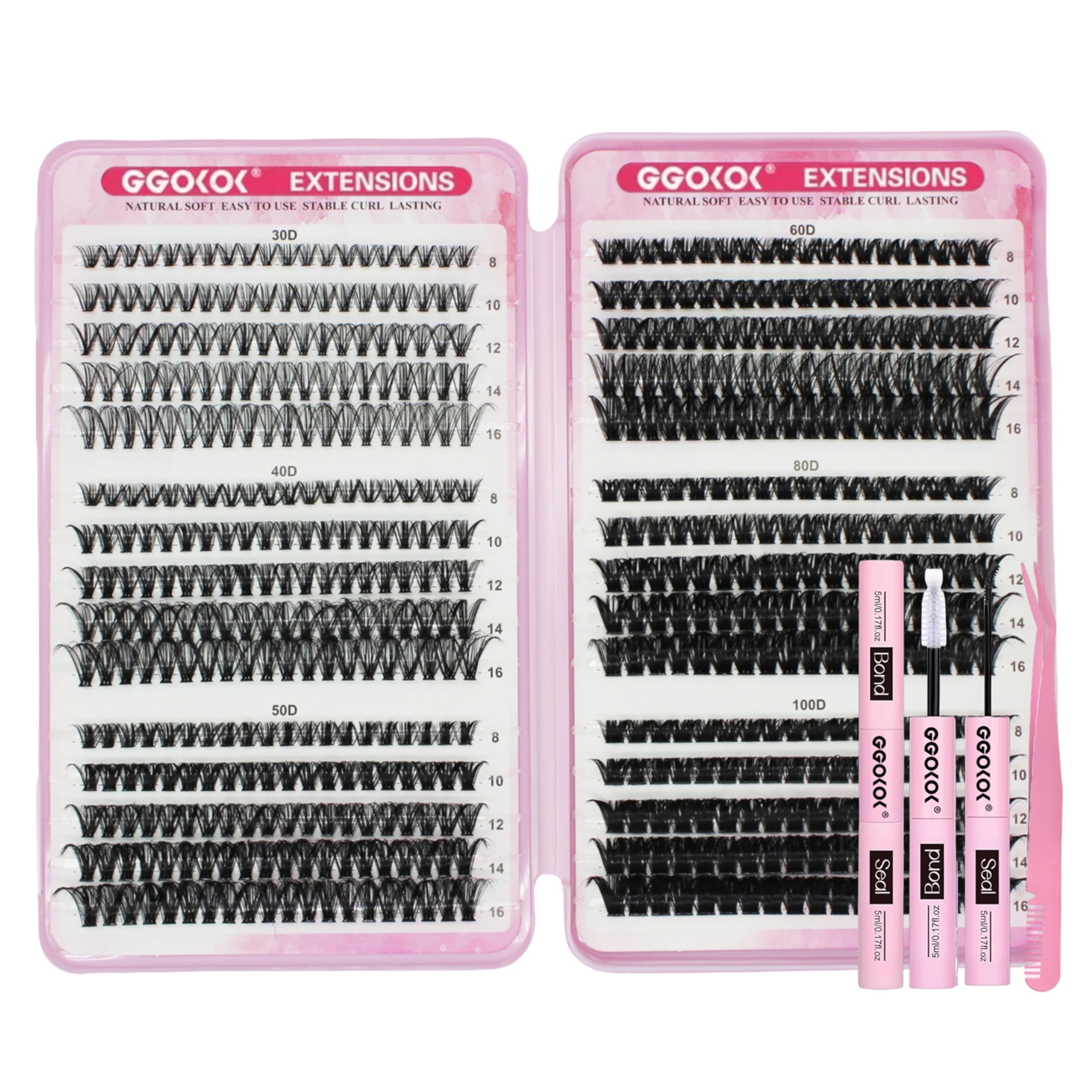 GGOKOK DIY Lash Clusters Kit 30D+40D+50D+60D+80D+100D Fluffy Volume 8-16MM Thick Eyelash Extension Kit Individual Lash Bond and Seal Lash Tweezers(30D-100D,Kit) - Image 2