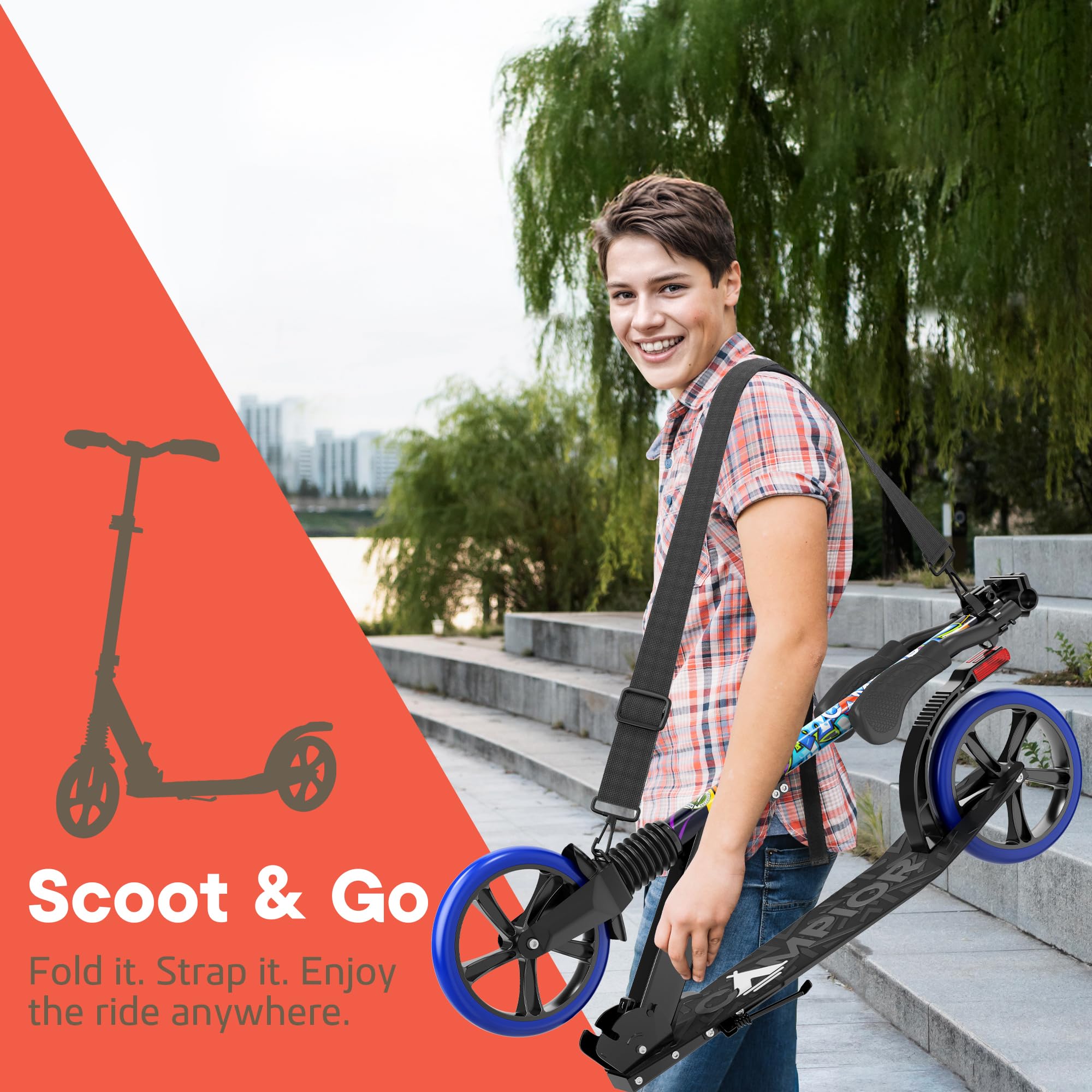 Kick Scooter for Ages 6+, for Kids, Teens, and Adults, Max Load 240 LBS, Foldable, 8-inch Big Wheels for Kids and Adults, with Kickstand, 3 Adjustable Levels, Child Safety Approved, Graffiti
