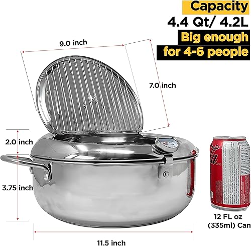 Miniatura 5 de Olla para freír (C), 11 pulgadas4.4 cuartos de galón (4.2 L) Olla de tempura extragrande con tapa, olla de acero inoxidable 304 con control de