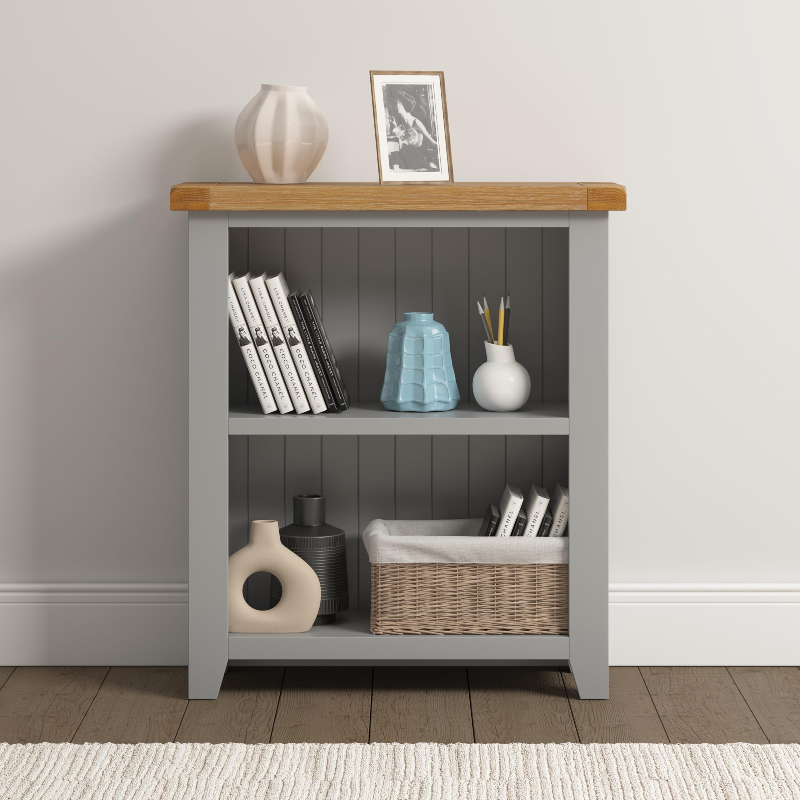 Seconique Windsor 2 Shelf Low Bookcase - Oak - Pebble Grey/Oak