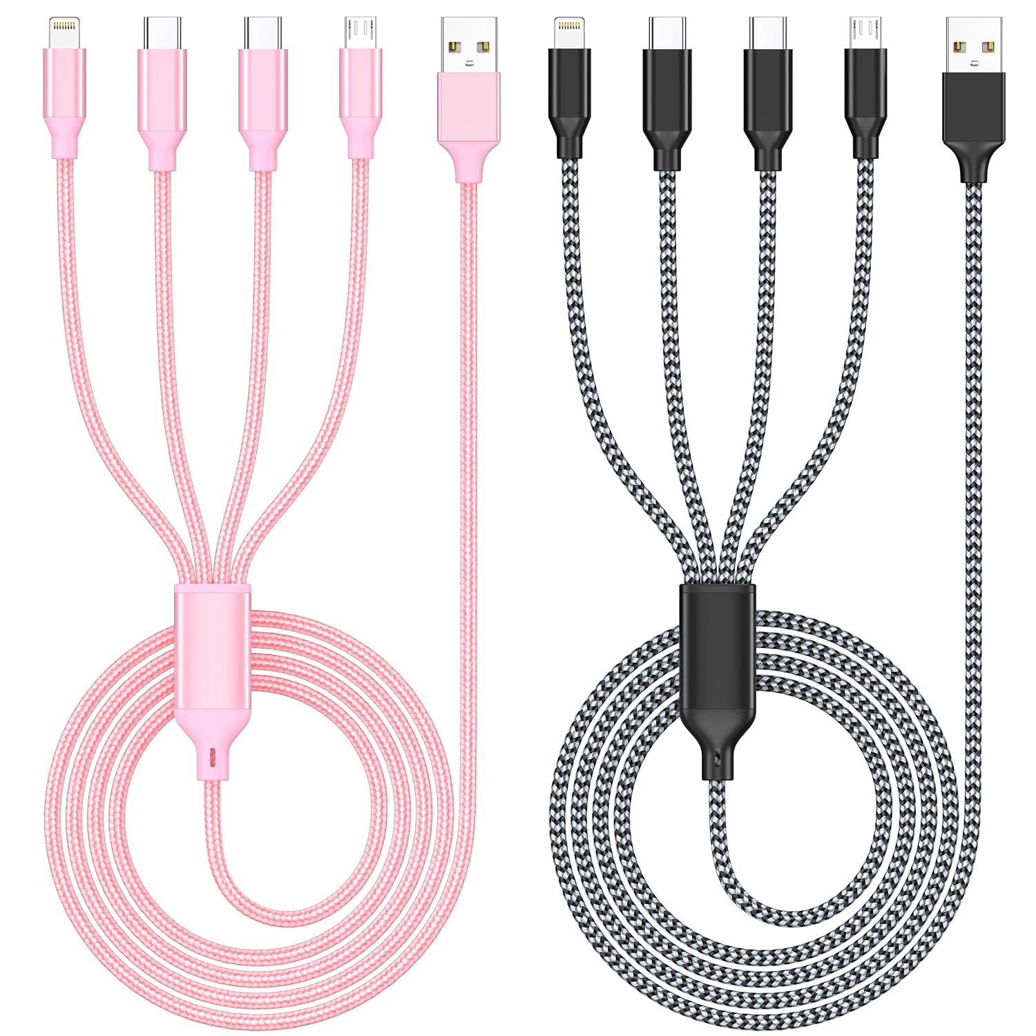 HYXing Multi Charging Cable 4ft 2Pack, 4 in 1 Charging Cable Nylon Braided Lightning iPhone Charger,Universal Charger Phone Cord with Type-C,Micro USB,IP Port for iPhone17-5/Android -BlackGrey/Rose