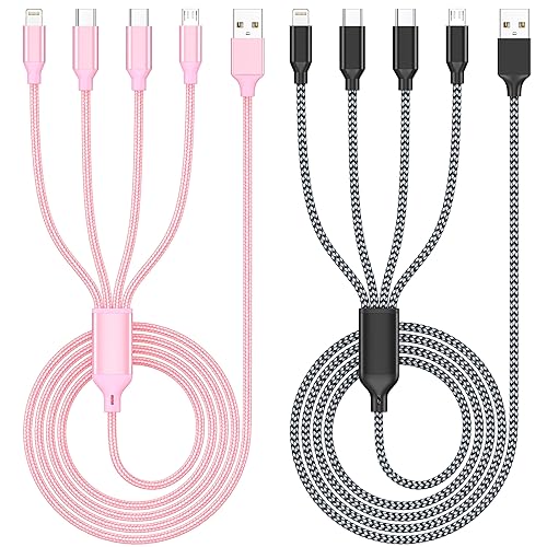 Miniatura 7 de Paquete de 2 cables de carga múltiple de 4 pies, cable de carga 4 en 1 de nailon trenzado, cargador de teléfono universal con tipo C, micro USB,