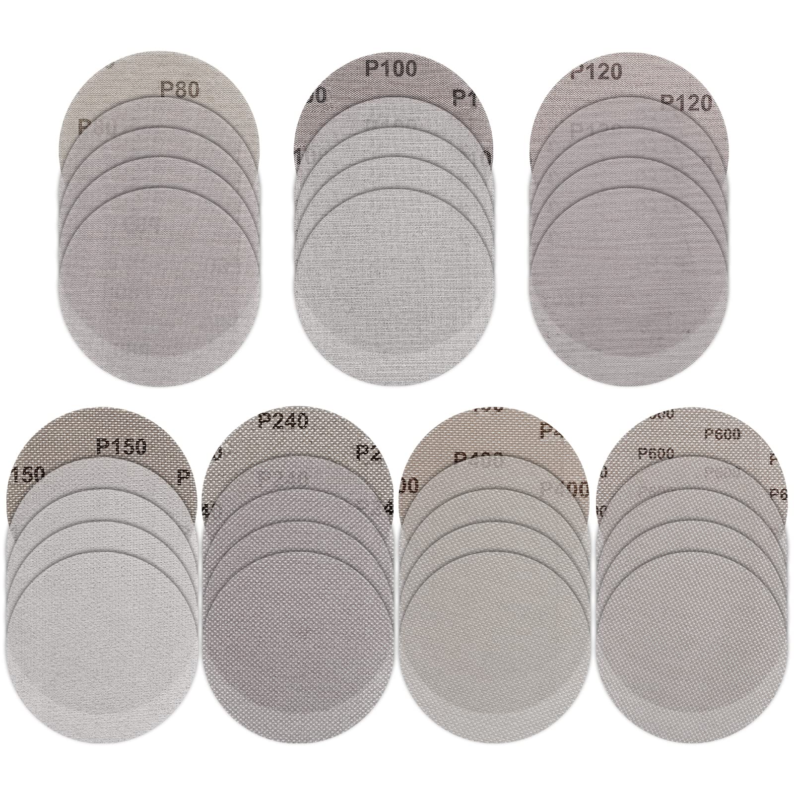 Linkstyle 150mm Sanding Discs, Hook and Loop Mesh Pads 35pcs, Aluminium Oxide Mixed Grit 80-600 for Orbital Sanders
