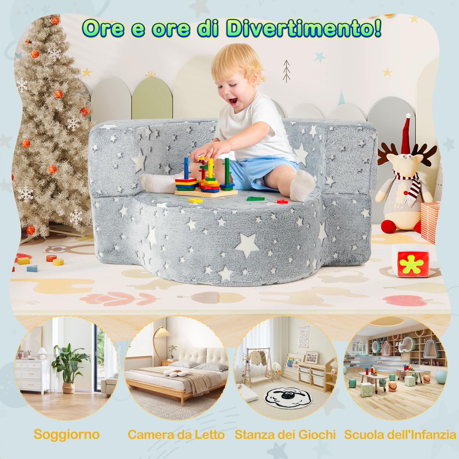 RELAX4LIFE Divano Luminoso per Bambini, Materasso 2-in-1 con Fodera Removibile e Lavabile, Cuscino in Spugna ad Alta Densità, Divano Convertibile per Soggiorno, Stanza dei Giochi, Bambini 3 + Anni