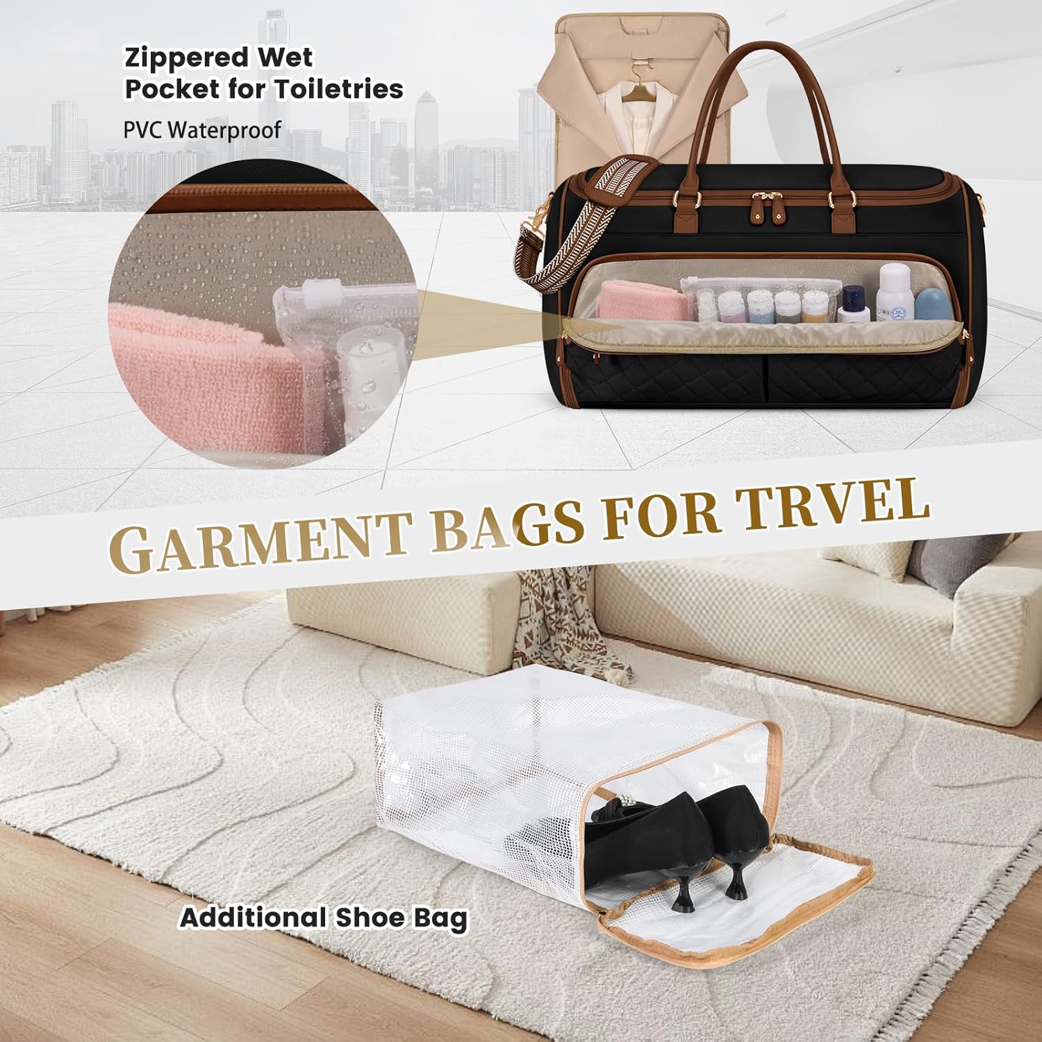 RAINSMORE Garment Bags for Travel Women Convertible Garment Duffle Bag for Hanging Clothes, Large Carry On Garment Bag with Shoe Bag & Wet Pocket, Foldable Dress Suit Business Travel Weekender Bags