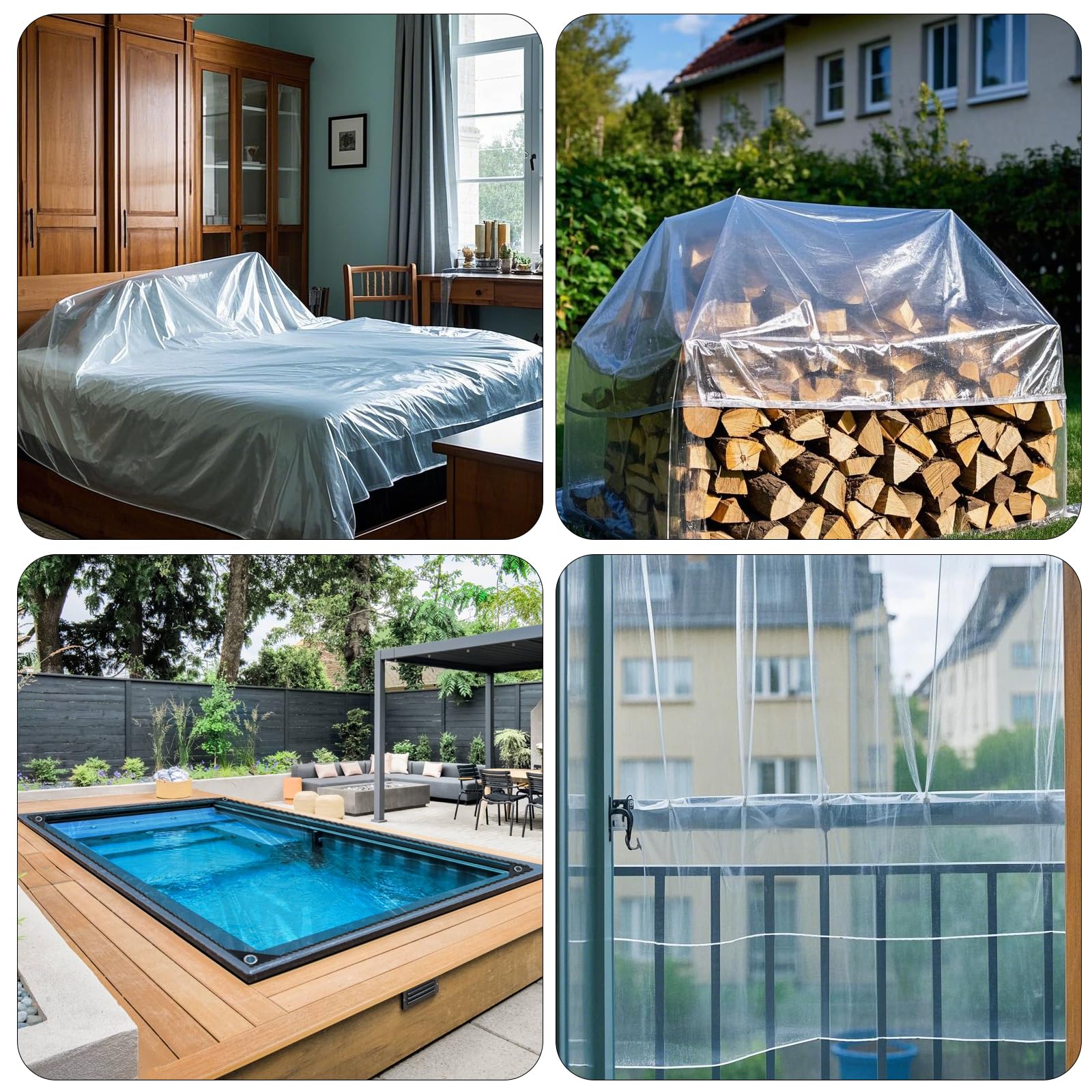 3 x 5 m Telone Trasparente con Occhielli in PVC, 400 g/m², Telone Impermeabile Trasparente, Telon per esterno, con 10m Corda Antivento, per Balcone, Giardino, Serra, Barche, Auto
