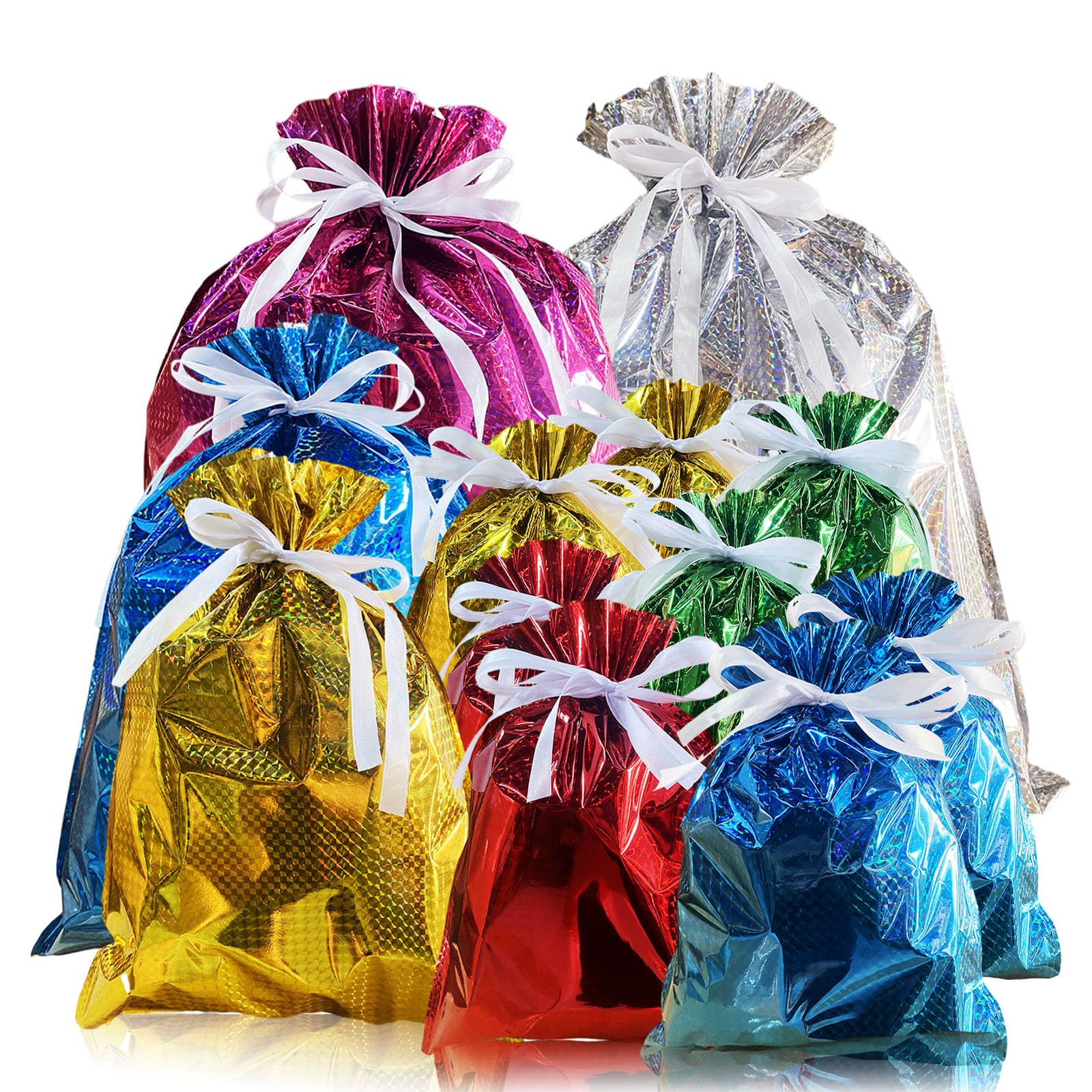 12 Pack Solid Color Foil Gift Bag Multipack Drawstring Gift Bags,4 Size Shimmer Wrapping Bags,Jumbo Xmas Bag,Reusable Large Christmas Foil BagsGift Wrapping Bagfor Presents Birthday Wedding Party