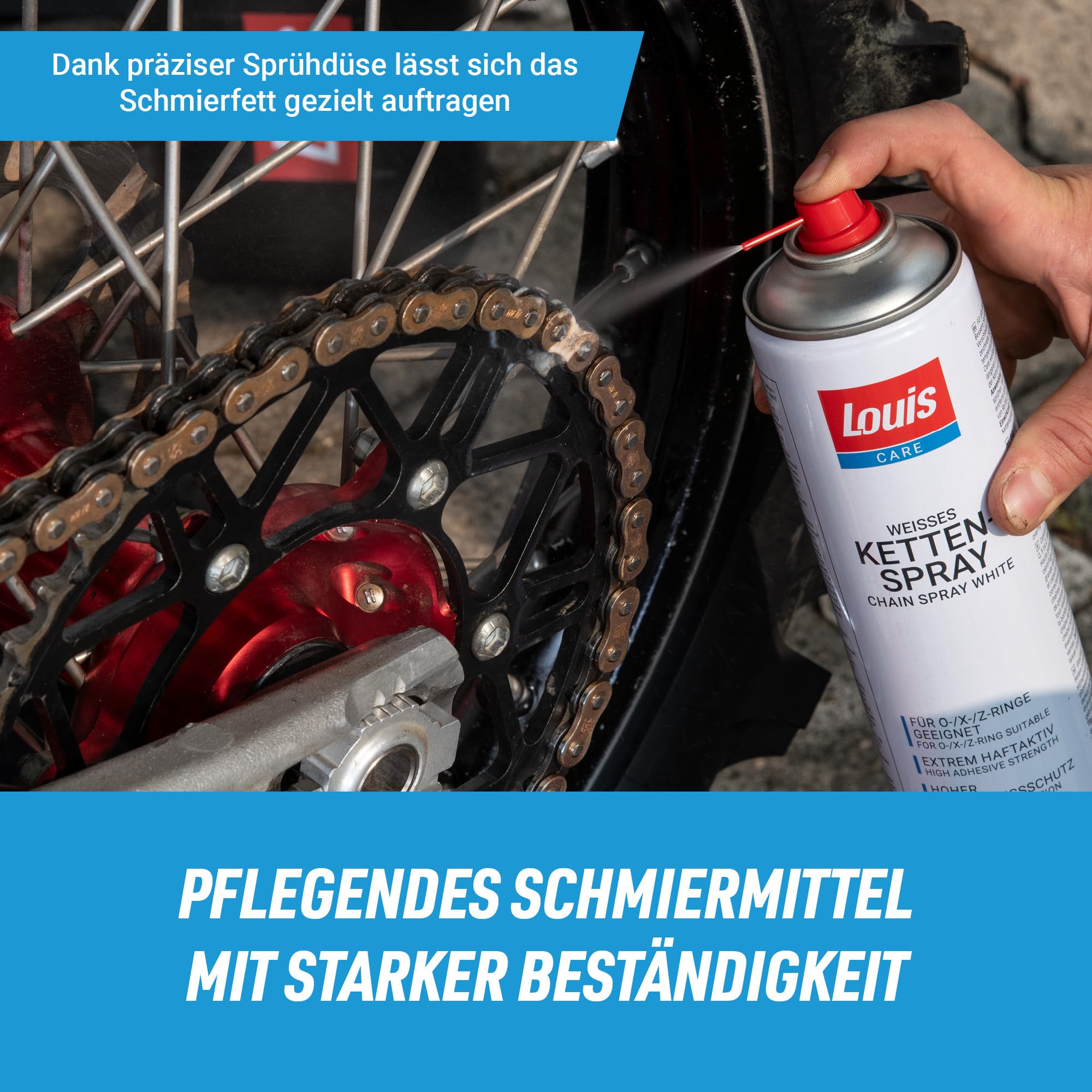 Louis Care Kettenspray Weiß 750ml – Hochwertiges Kettenfett für Motorrad und Fahrrad, Schmiermittel für Kette und Kettenpflege, Weißes Spray mit Starker Haftung, Schutz vor Verschleiß und Korrosion