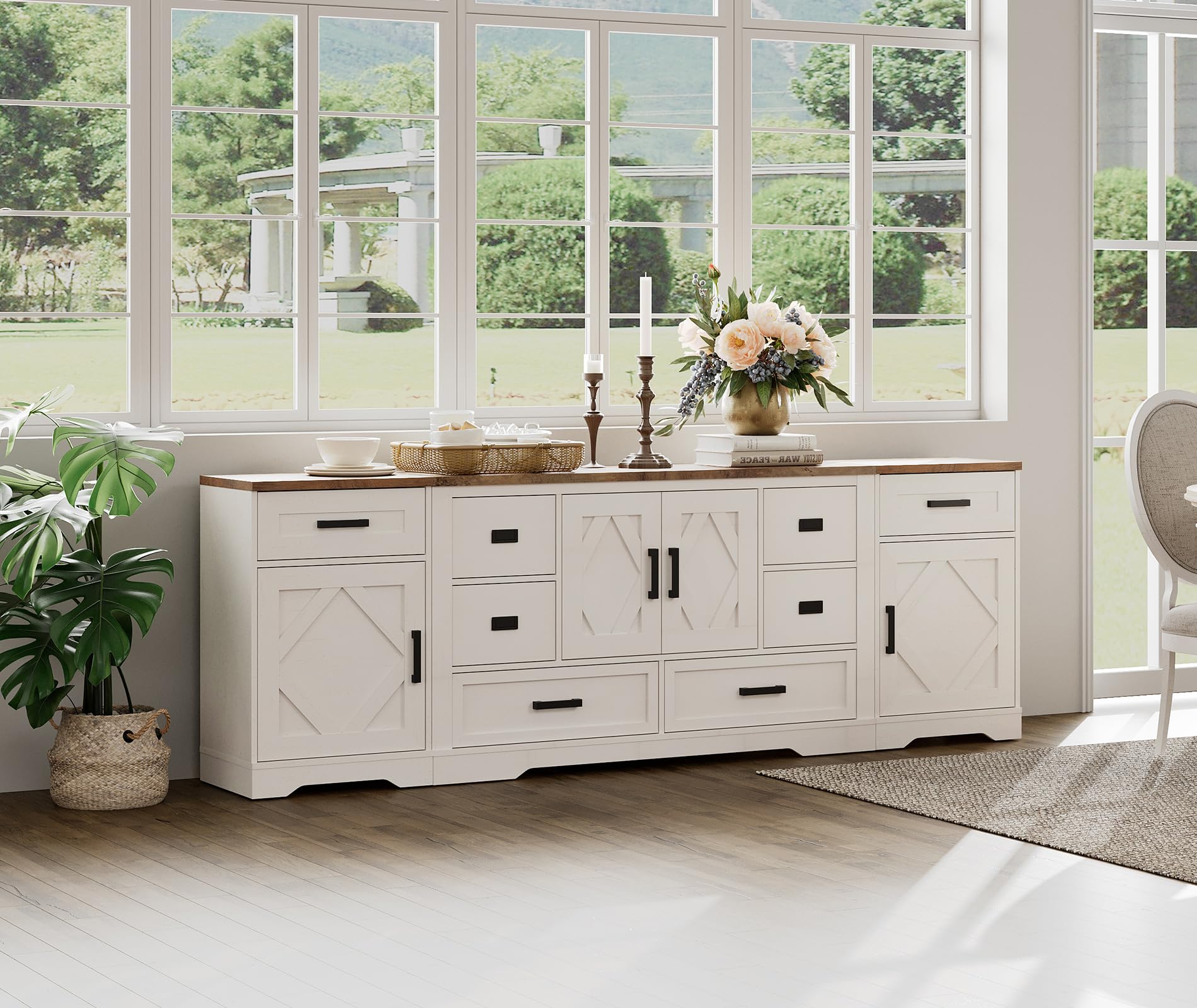 WAMPAT Wooden Dresser Organizer for Bedroom with 6 Drawers and 2 Storage Cabinets,Large Dresser TV Stand for 100 inch TV with Chest of Drawers for