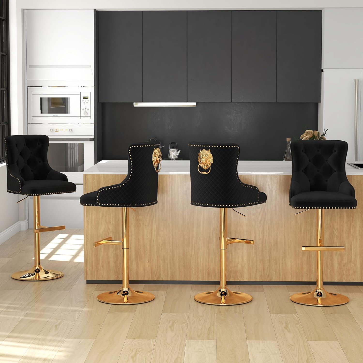 Velvet Bar Stool Set of 4 with Golden Lion Pull Ring
