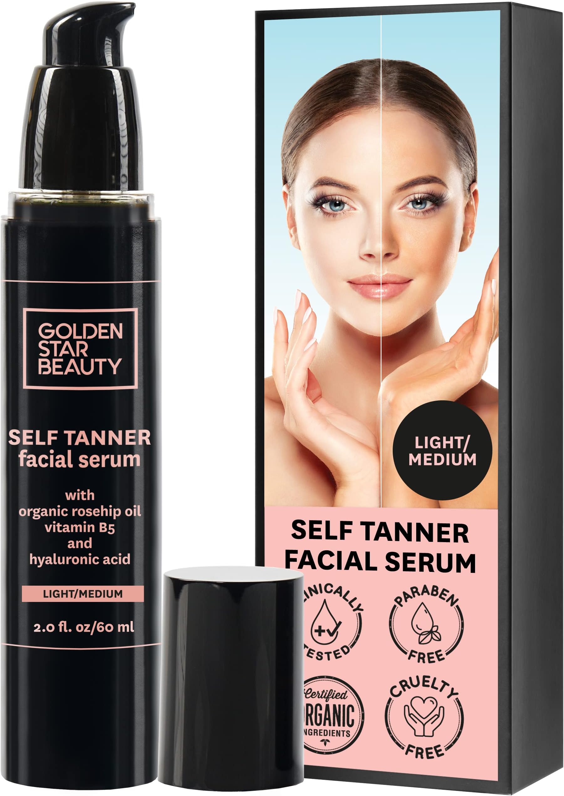 Face Tanner – Self Tan Serum w/Hyaluronic Acid and Organic Oils, Self Tanners Best Sellers, Facial Sunless Tanner for Natural Sunkissed Glow, Fake Tan Moisturizer, 2.0 fl (Light to Medium)