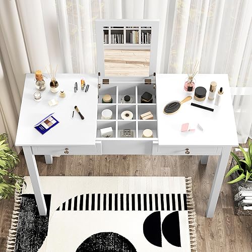 Miniatura 6 de CHARMAID Escritorio de tocador de maquillaje, escritorio blanco de 44 pulgadas con espejo abatible, 2 cajones grandes, 9 compartimentos de