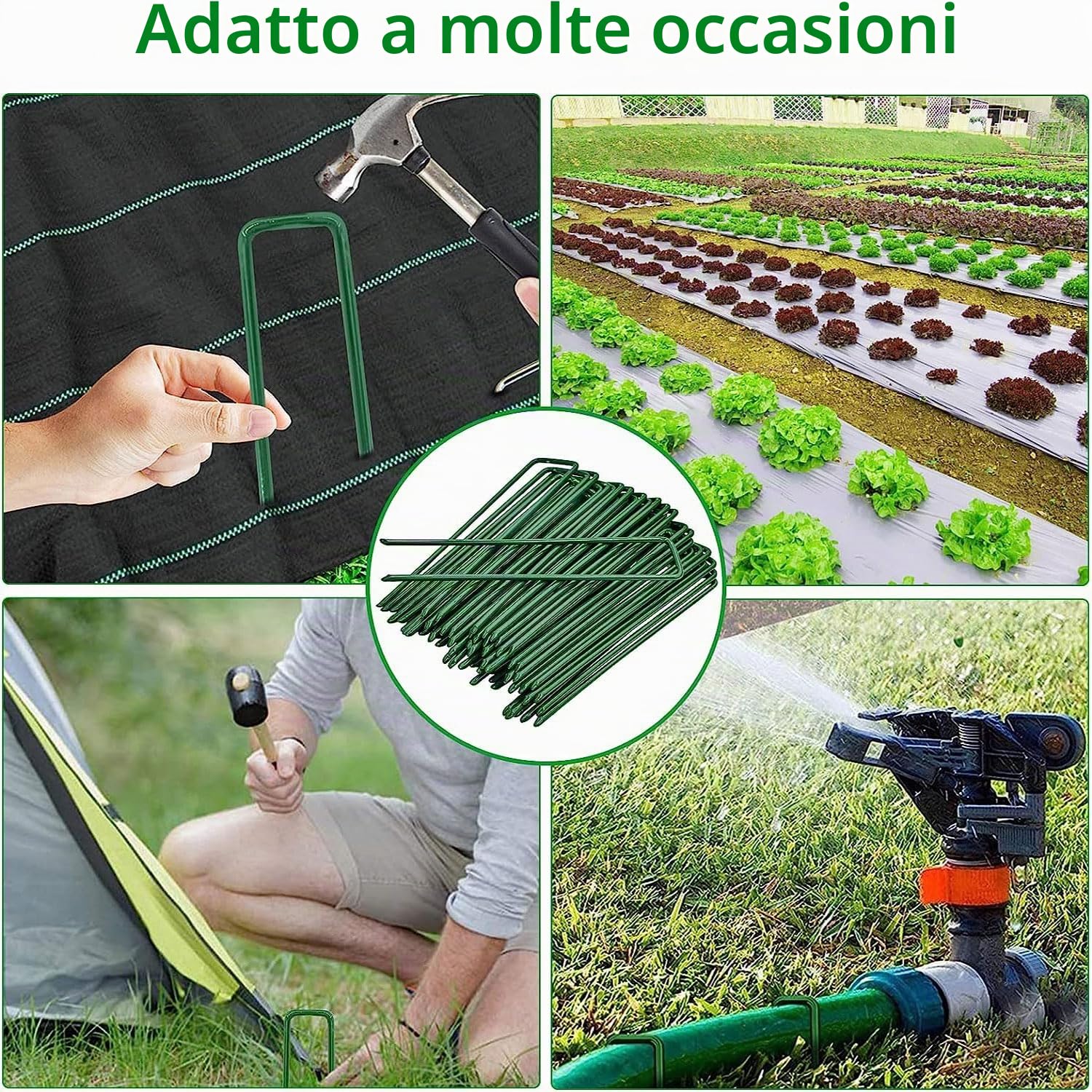 100 pezzi graffette da giardino, chiodi in acciaio inox zincato, ancoraggio U, fissaggio picchetti campeggio erba artificiale