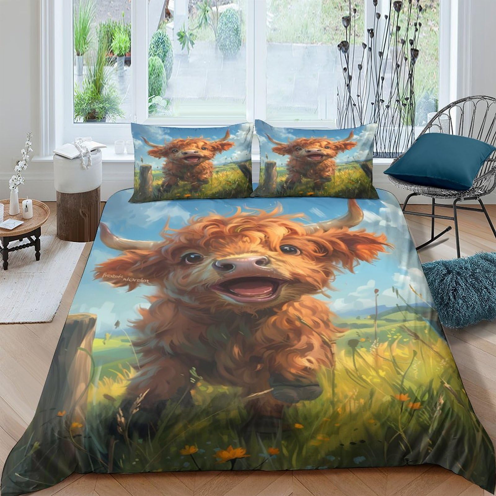 Ctjqhvkz Style-3 3D Printed Highland Cow Fitted Sheet Microfiber Anti-Slip Farm Meadow Mattress Cover For Bedroom Dorm Protector Decor Single（135X200cm）