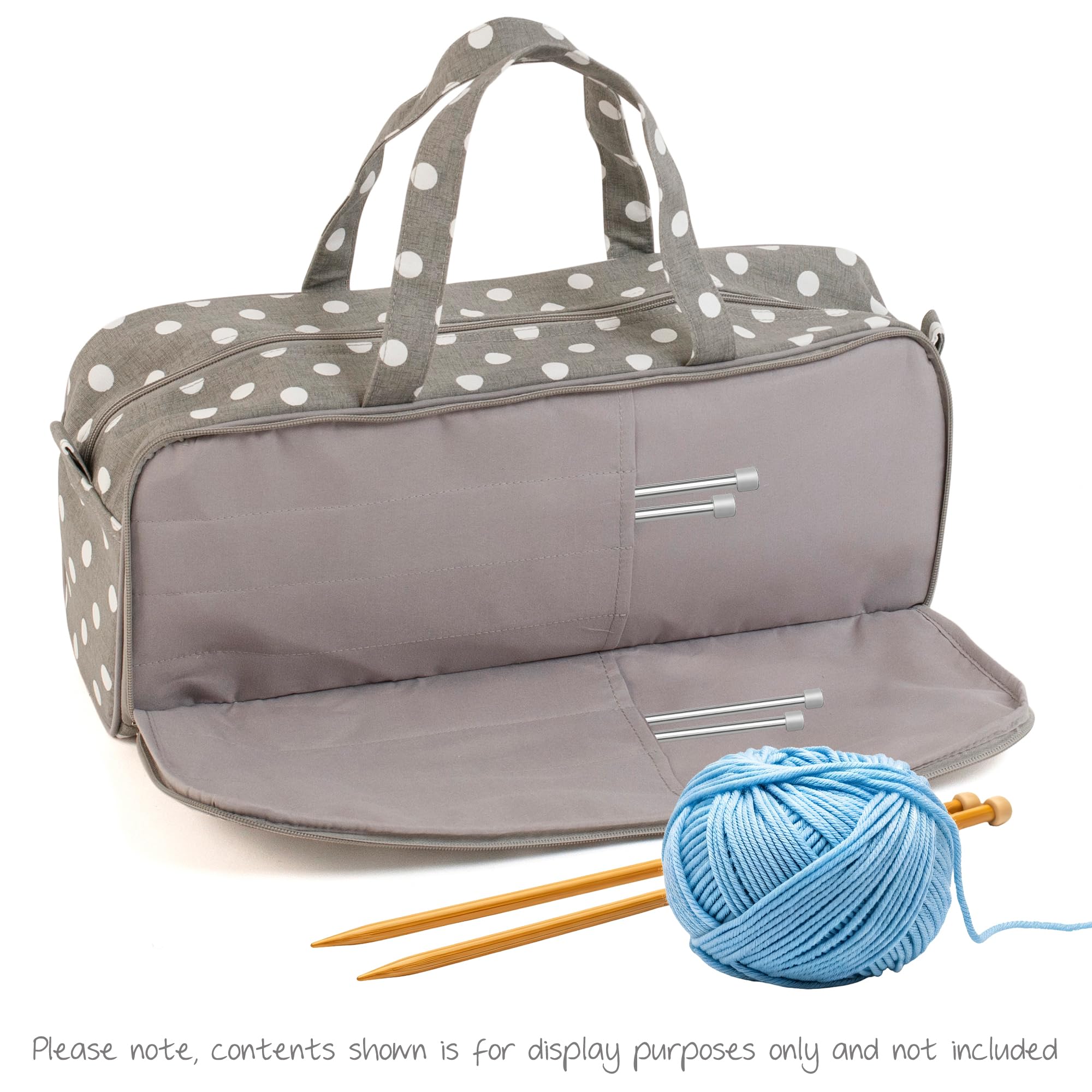 Hobby Gift Borsa Media per Maglia - Borsa Organiser per Uncinetto in 100% Cotone Morbido con Custodia per Ferri con Zip, Foro per Filato, Porta Filato e Doppi Manici - 13 x 45 x 18 cm, Pois Grigi