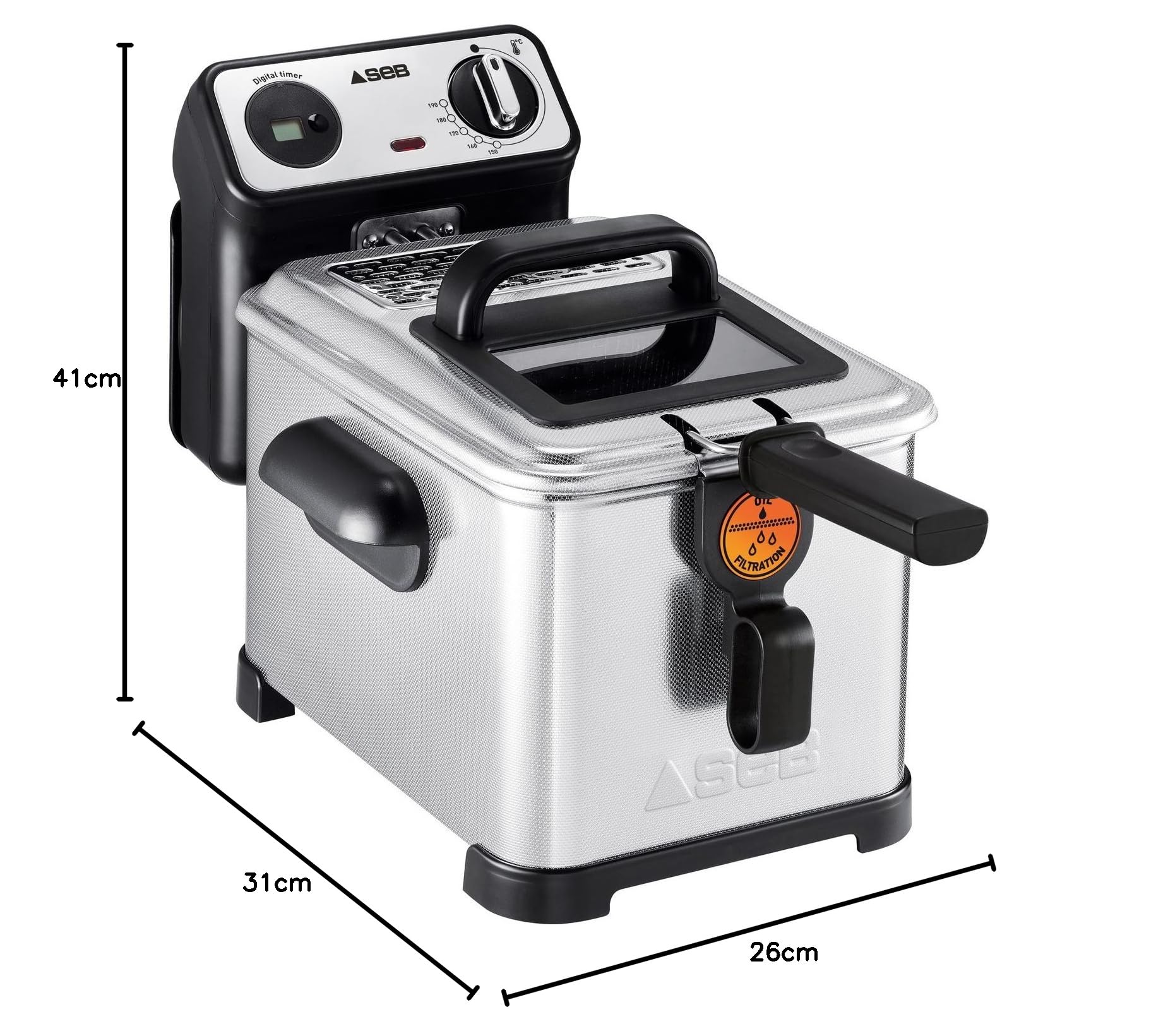 SEB Fritteuse Semi Tefal FR501000 Family Pro 3L Kaltzone + Bullauge + Digitaler Timer + regelbarer Thermostat, 2400 W, 3 Liter, Schwarz, Edelstahl 4 l Digitaler Timer silber
